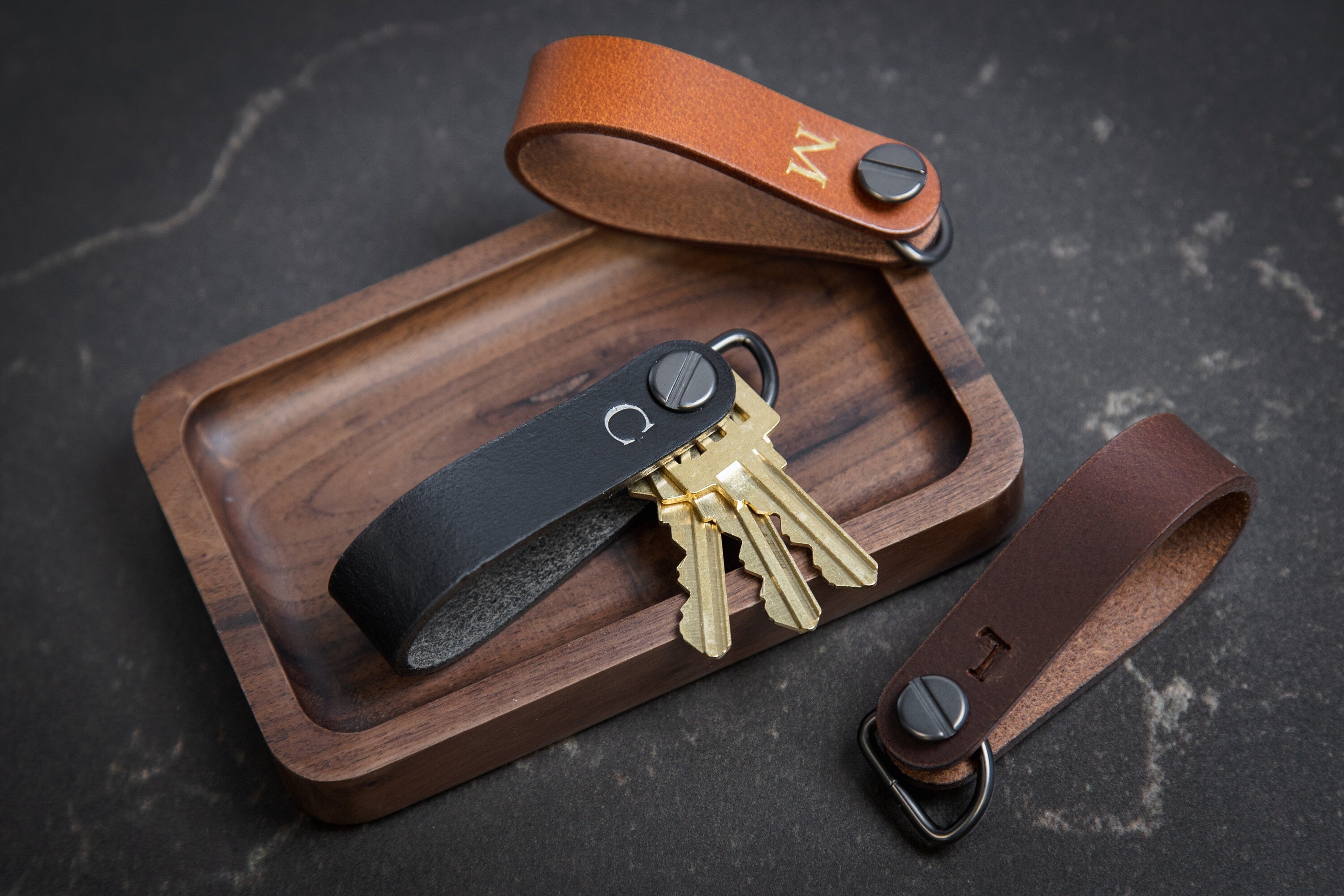 Embossed Leather Strap Key Chains (Initial)