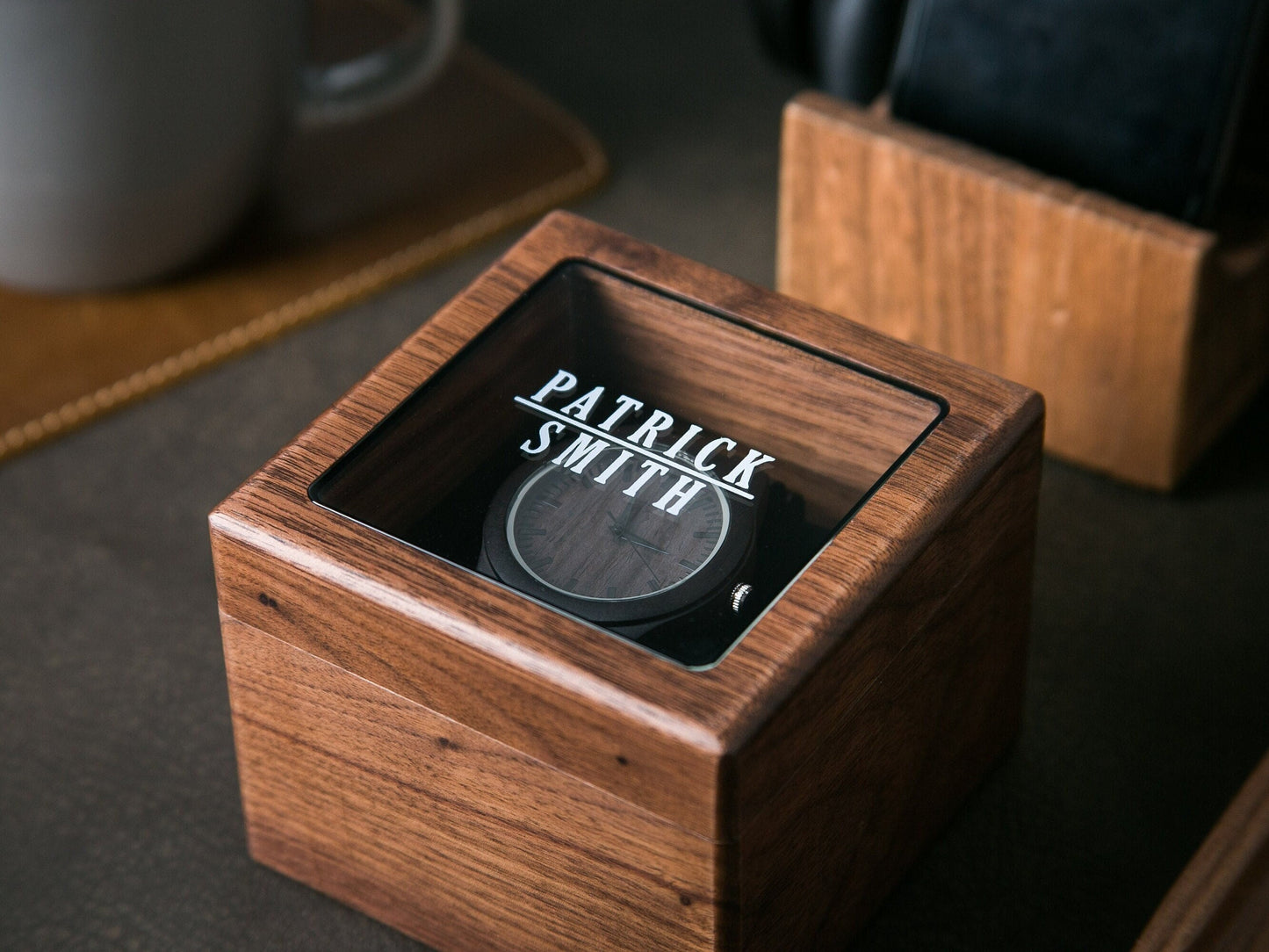 Engraved Wood Watch & Glass Top Walnut Gift Box - Mens 5th Anniversary Gift Husband, Wedding Day Father of Bride Groom Dad Son Brother