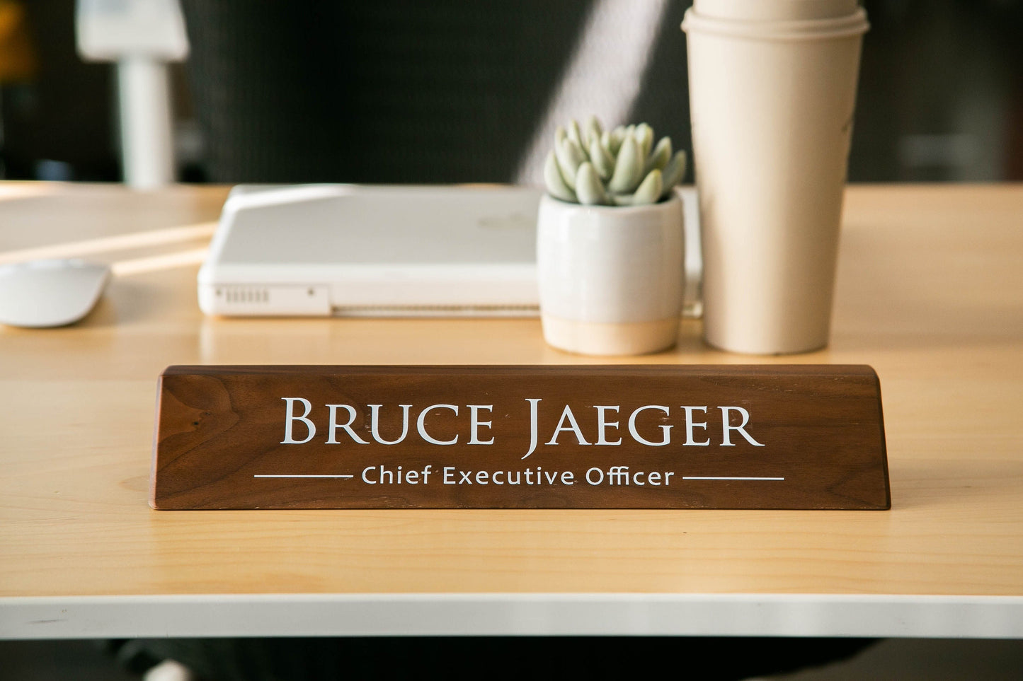 Wood Name Block (White Print 11.75") - Custom Long Desk Name Plate for CEO Executive Officer Real Estate Agent Gift Office Decor Job Plaque