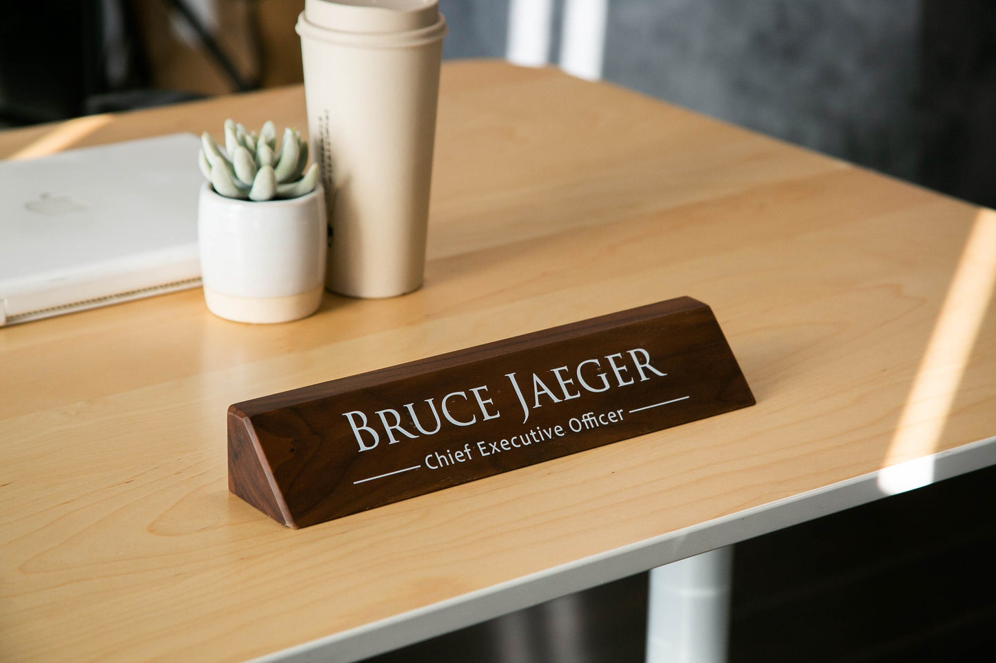 Wood Name Block (White Print 11.75") - Custom Long Desk Name Plate for CEO Executive Officer Real Estate Agent Gift Office Decor Job Plaque