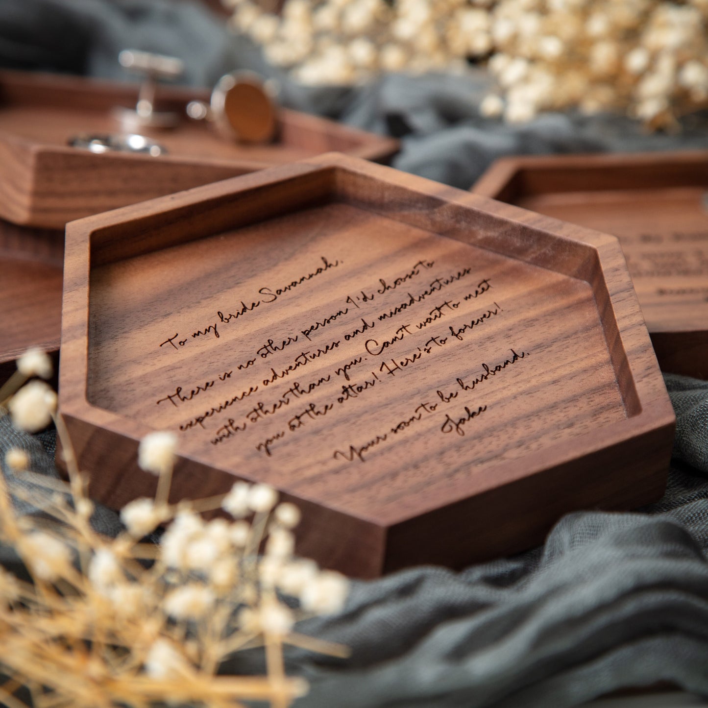 Hexagon Wood Tray - Engraved Ring Dish Key Personalized EDC Catch All Tray, 5th Anniversary, Wedding Day Present for Dad Father Mom Husband