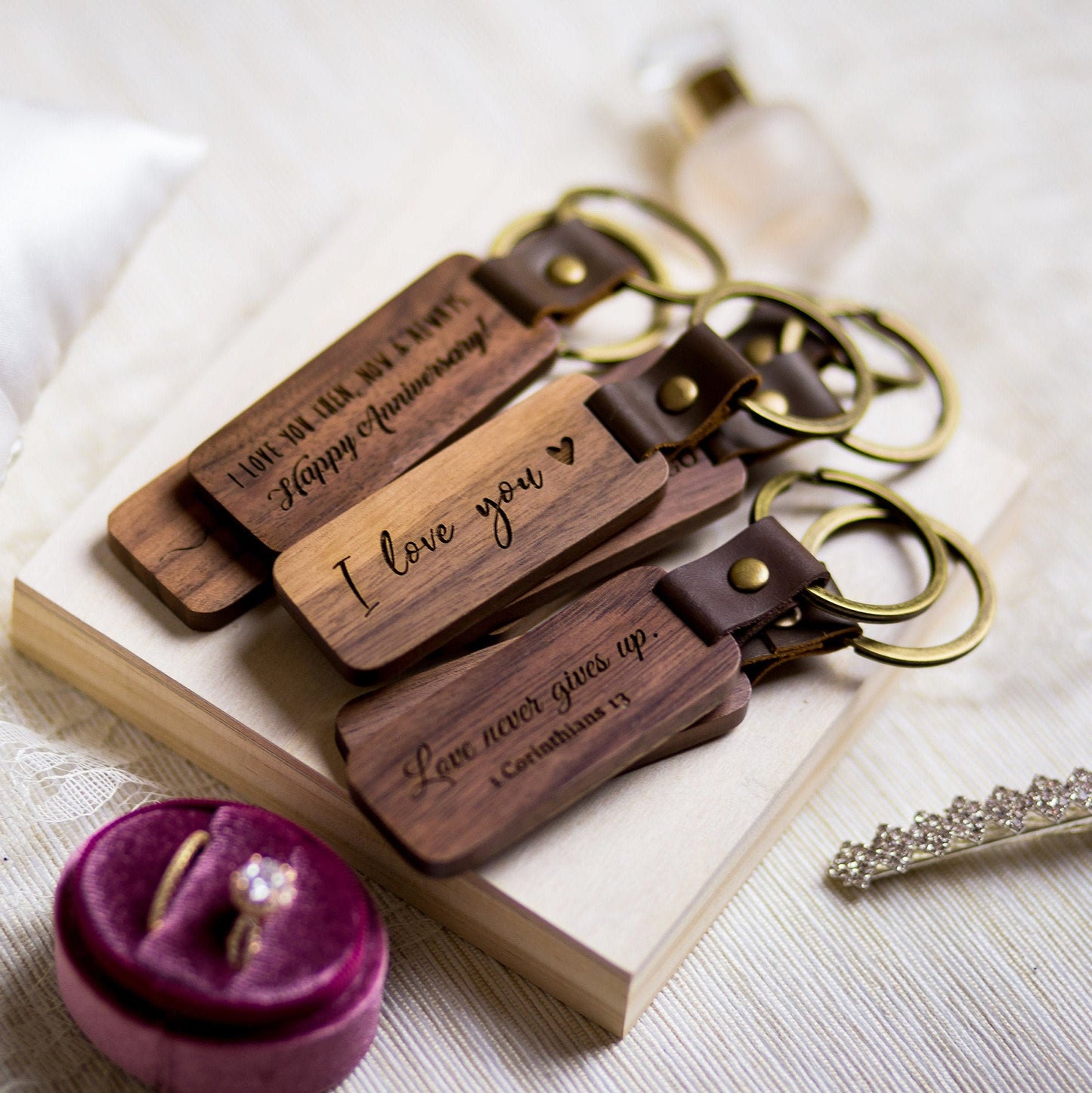 Wood Anniversary Key Chain - 5th Wooden Anniversary Gift for Husband Wife Couple Honeymoon Wedding Small Gift for Mom Boyfriend Girlfriend