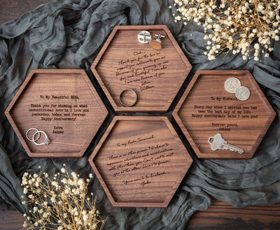 Hexagon Wood Tray - Engraved Ring Dish Key Personalized EDC Catch All Tray, 5th Anniversary, Wedding Day Present for Dad Father Mom Husband