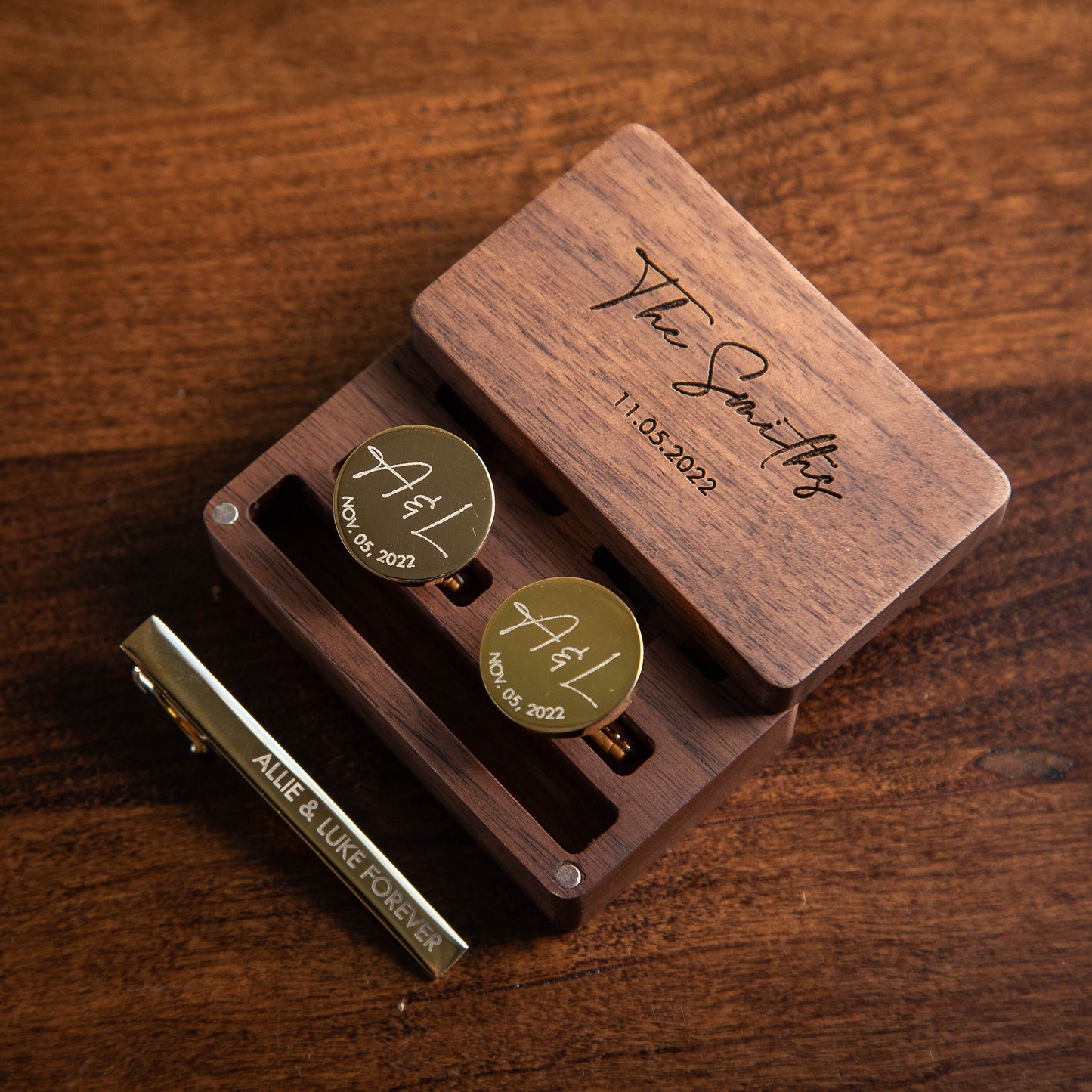 Metal Cufflinks, Tie Clip & Rectangle Gift Box - Wedding Cuff links Groom Dad Groomsmen Brother, Anniversary Honeymoon Gift for Husband