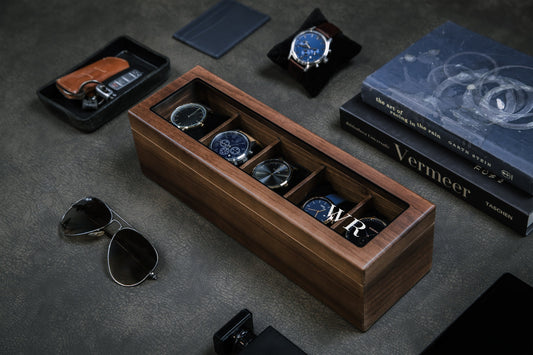 Wide Wood Watch Box (Design 5) - Mens 5 Slot Watch Display Case with Personalized Lid for Him 5th Year Anniversary Birthday Honeymoon Gift