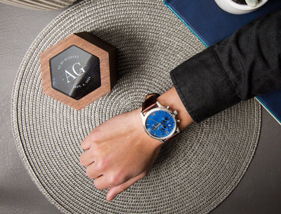 Metal Watch & Hexagon Watch Box w/ Glass Top (Set) - Mens Watch, Gift for Husband Boyfriend, Wedding Day Father Dad Son Brother Groomsmen