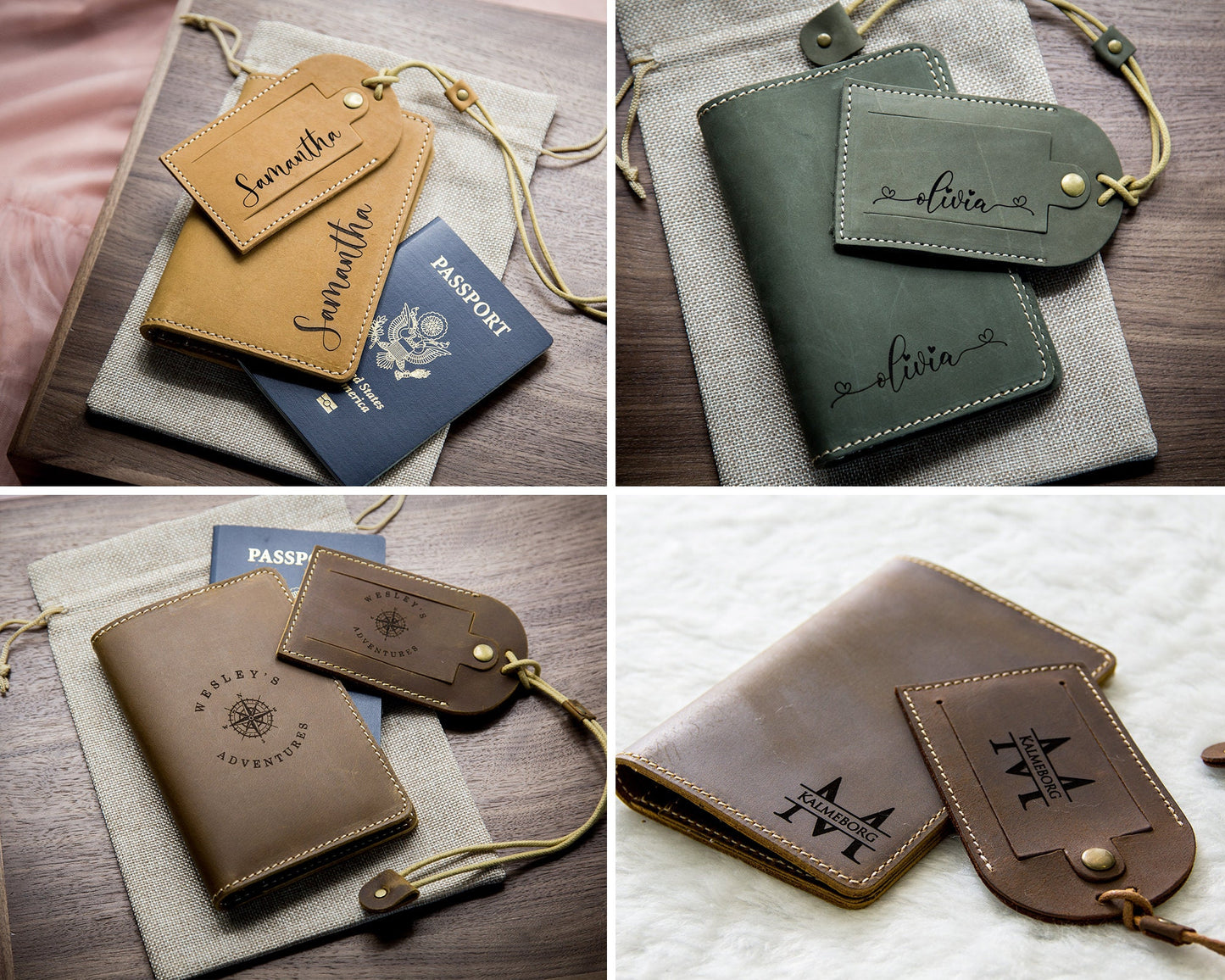 Engraved Passport Holder & Luggage Tag Set - Leather Set 3rd Anniversary Gift, Monogram Travel Wallet, Unique Gift for Mom Dad GF BF Fiancé