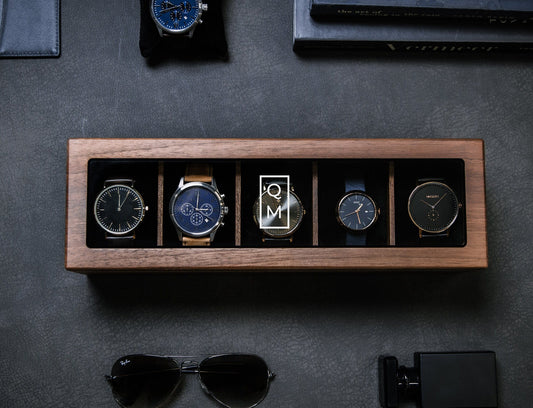 Wide Wood Watch Box (Design 9) - Personalized Monogram Watch Holder Display Case Gift Box for Boyfriend Father Husband Groom Fiancé Brother
