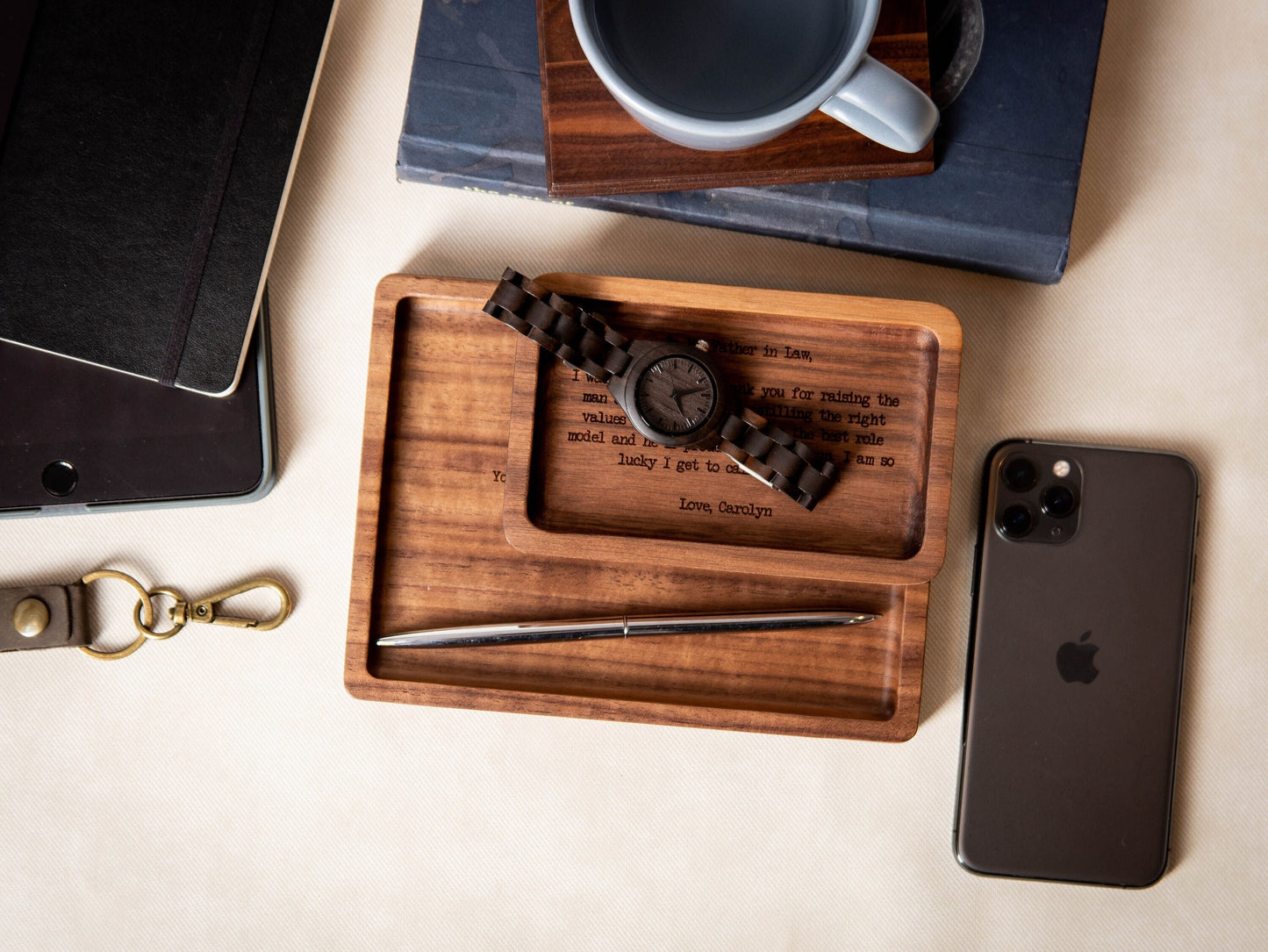 Rectangle Wood Tray - Engraved Bedside Table Tray, Wedding Day Gift for Dad Bro Father of the Bride Groom Husband Son, Dorm Room Key Trays