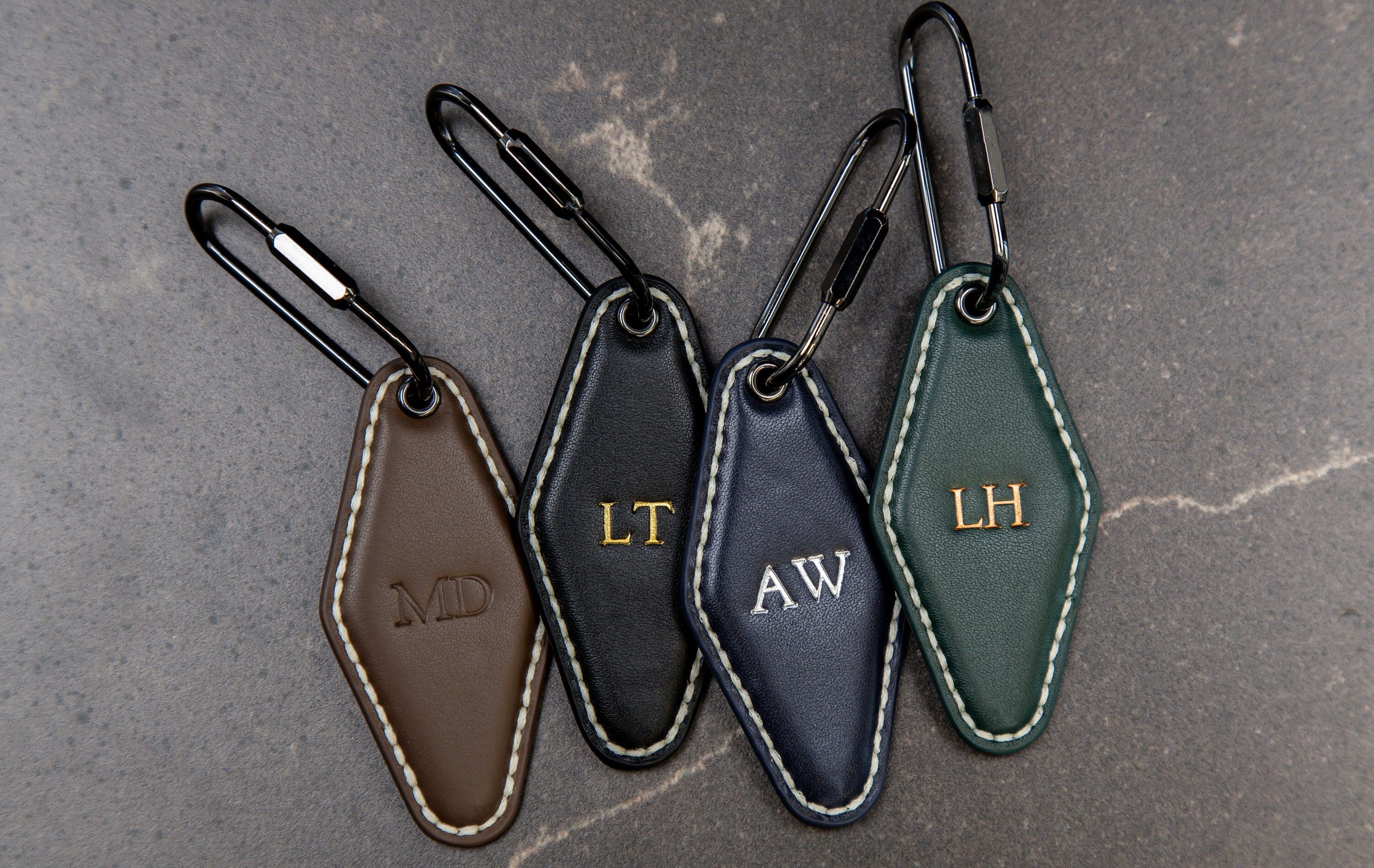 Embossed Diamond Leather Keychains (Small Initials) with Ivory Stitching