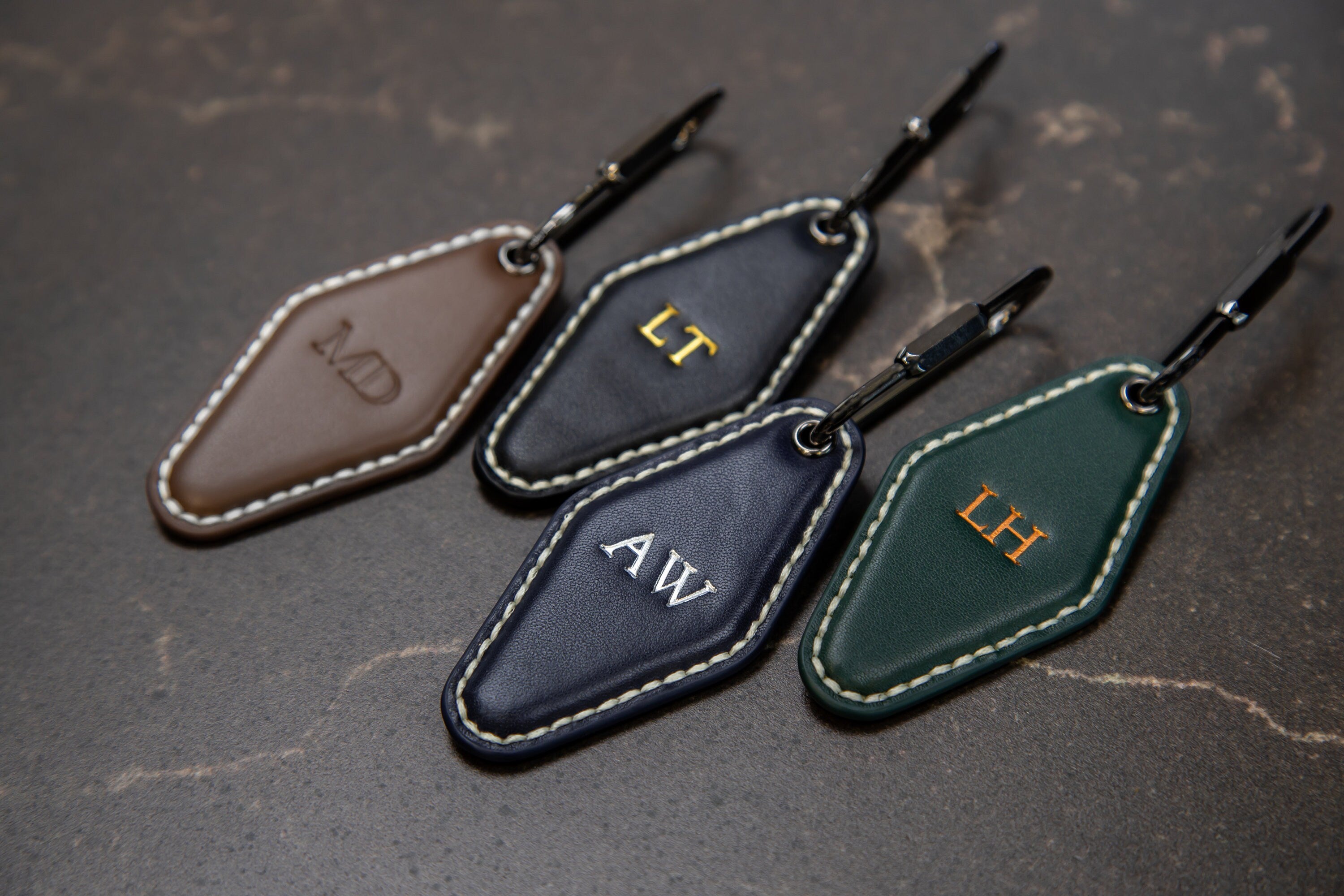 Embossed Diamond Leather Keychains (Small Initials) with Ivory Stitching