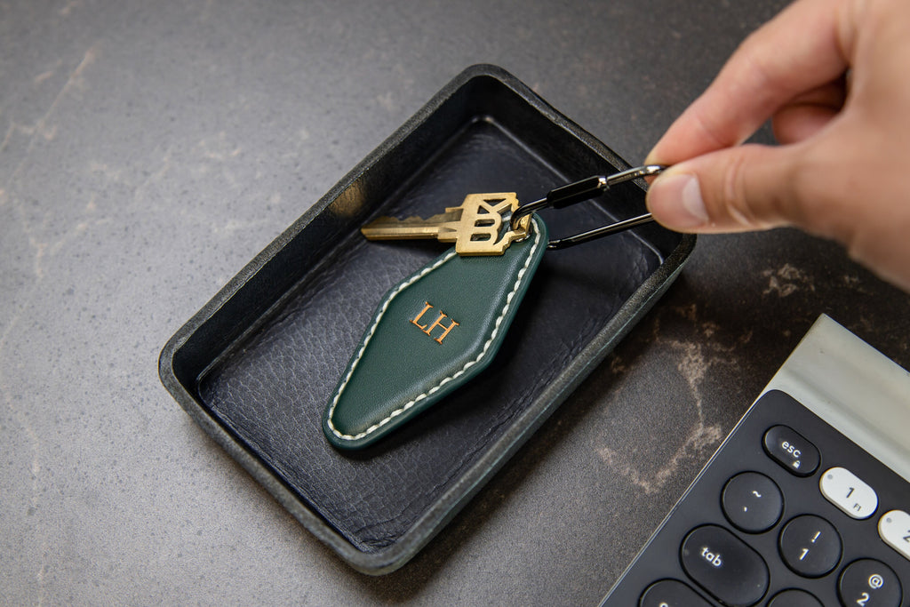Embossed Diamond Leather Keychains (Small Initials) with Ivory Stitching