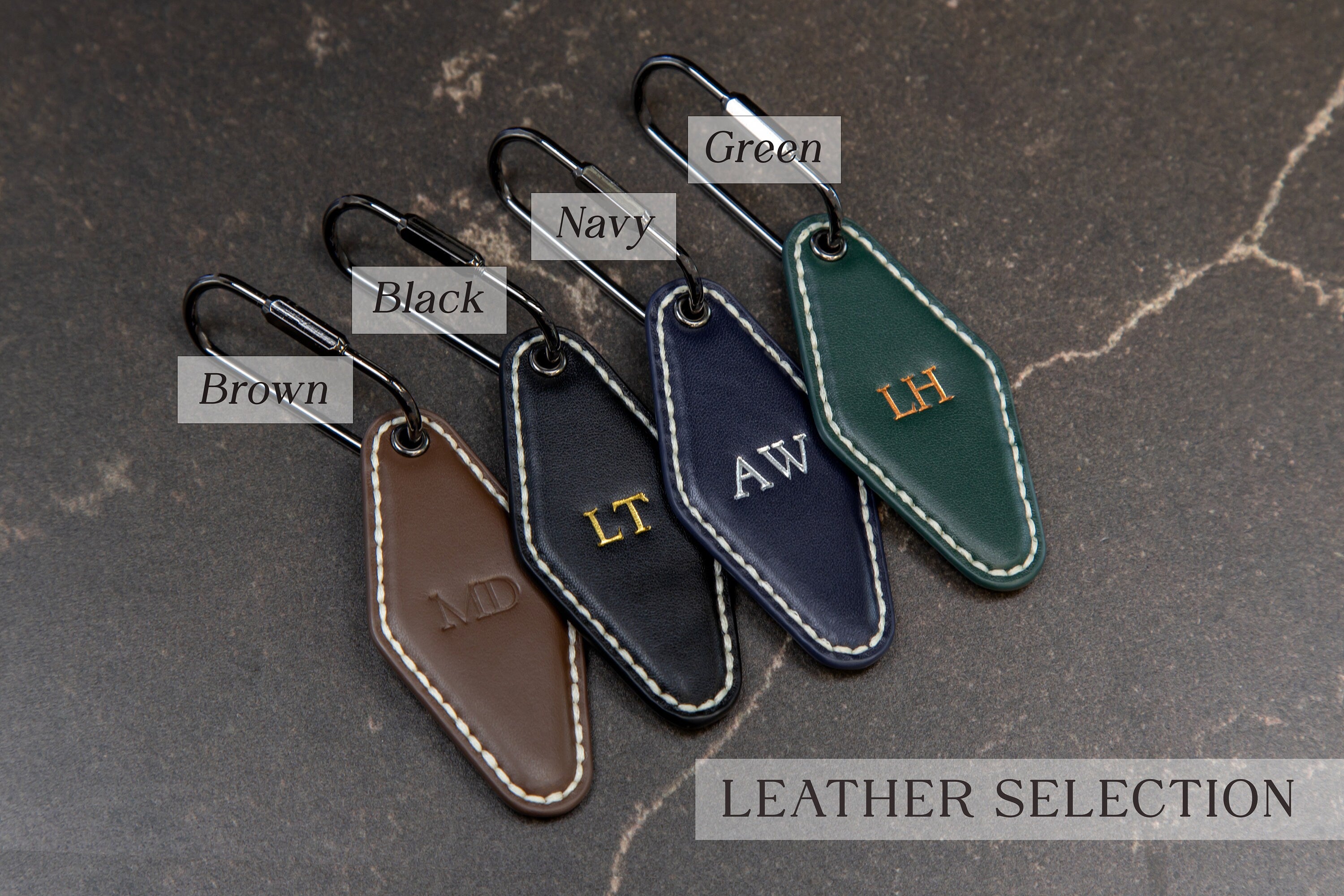 Embossed Diamond Leather Keychains (Small Initials) with Ivory Stitching