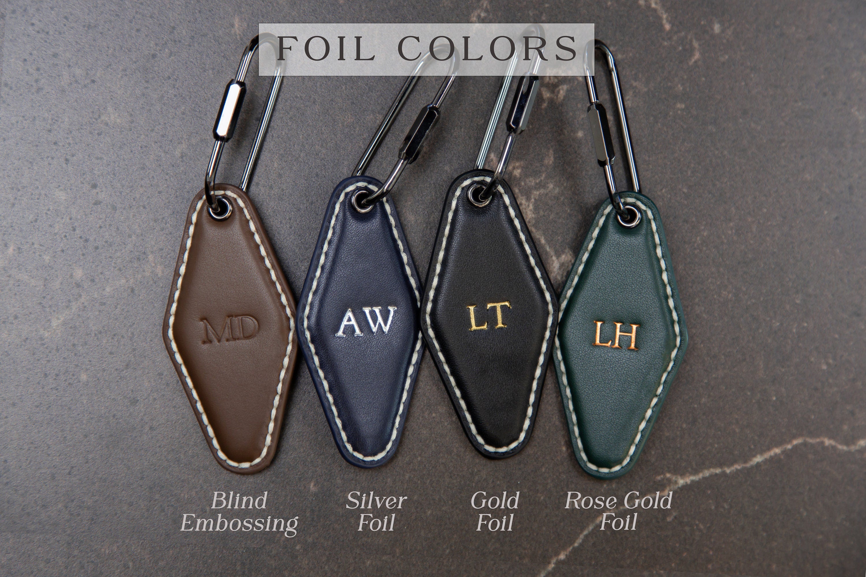 Embossed Diamond Leather Keychains (Small Initials) with Ivory Stitching