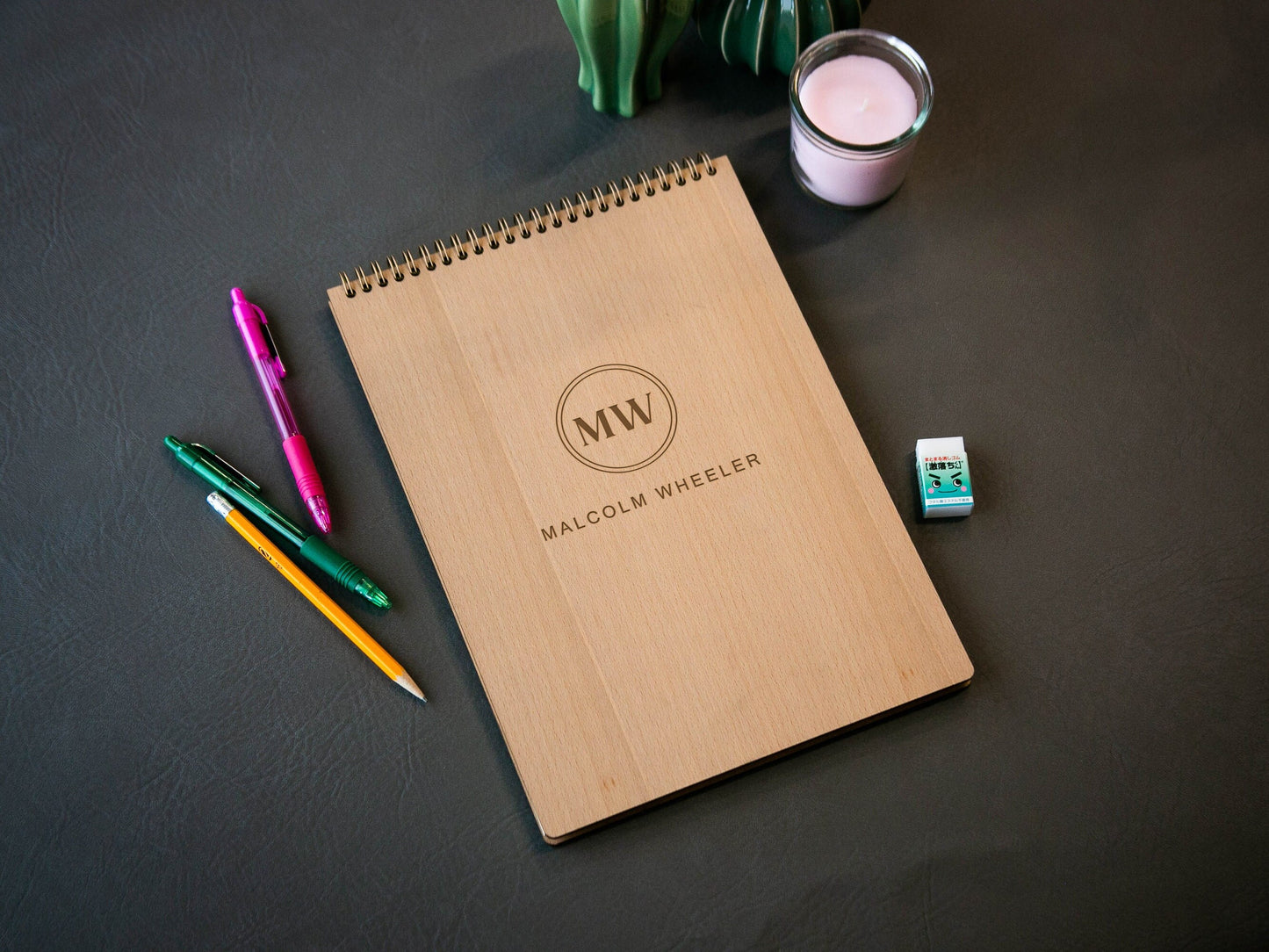 Engraved Spiral Wood Notebook (Design D) - Wooden Drawing Notepad for Brainstorming, Artist Sketch Pad Spiral Gift for Student Architect