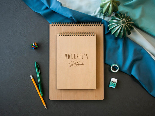 Engraved Sketchbook - Custom Wood Spiral Notepad Simple Hardcover Writing Drawing Children Birthday Interior Graphic Novelist Designer Gift