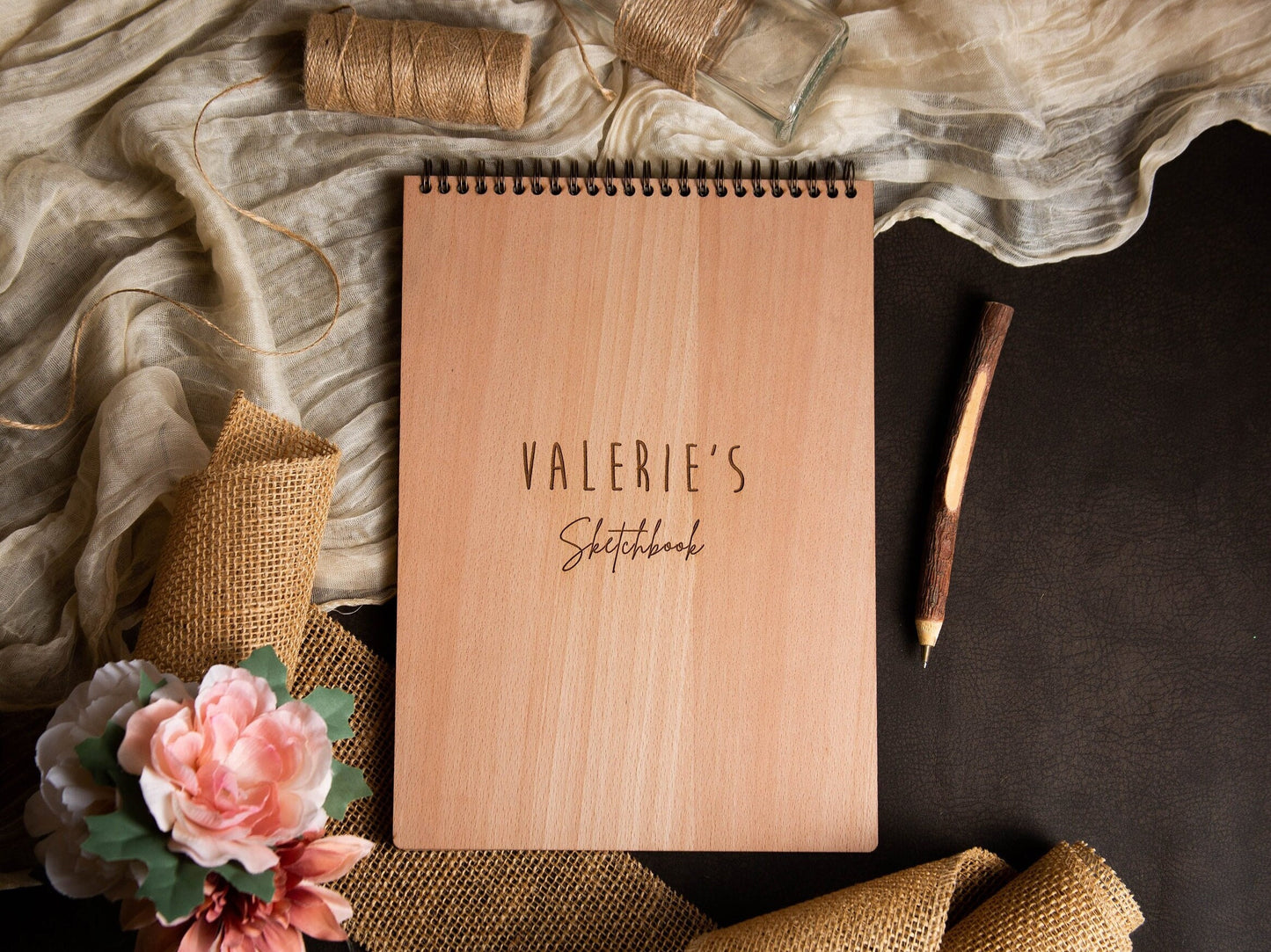 Engraved Sketchbook - Custom Wood Spiral Notepad Simple Hardcover Writing Drawing Children Birthday Interior Graphic Novelist Designer Gift