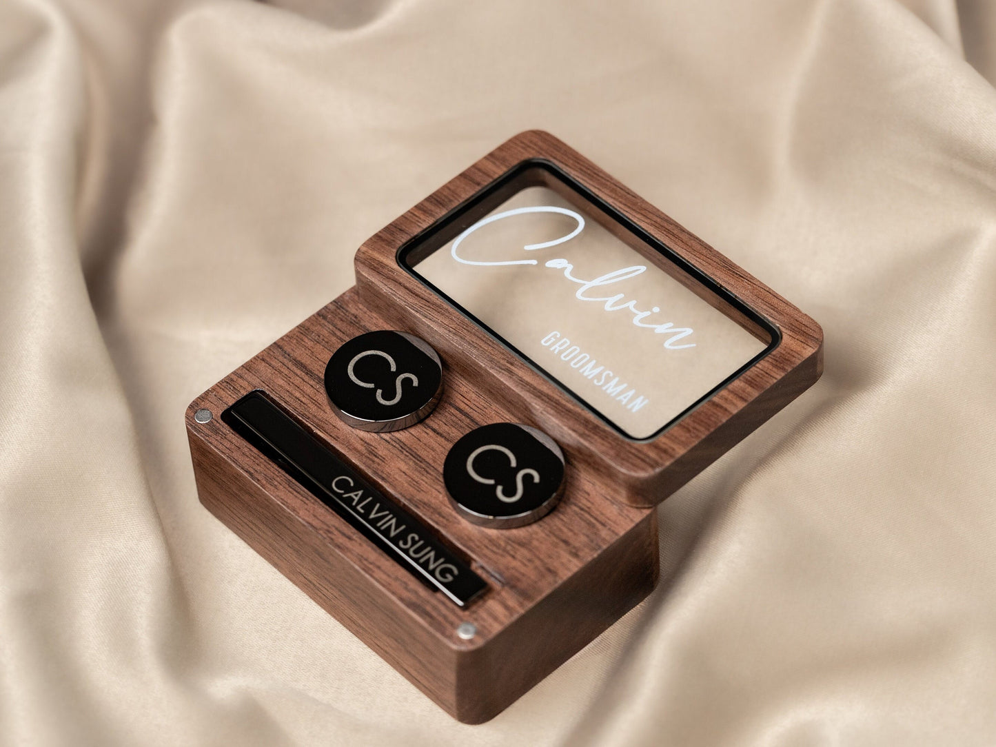 Metal Cufflinks, Tie Clip & Rec Gift Box w Glass Lid - Wedding Day Cuff links Gift for Groom with Custom Name from Bride, Groomsmen Favors