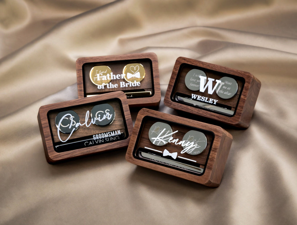 Metal Cufflinks, Tie Clip & Rec Gift Box w Glass Lid