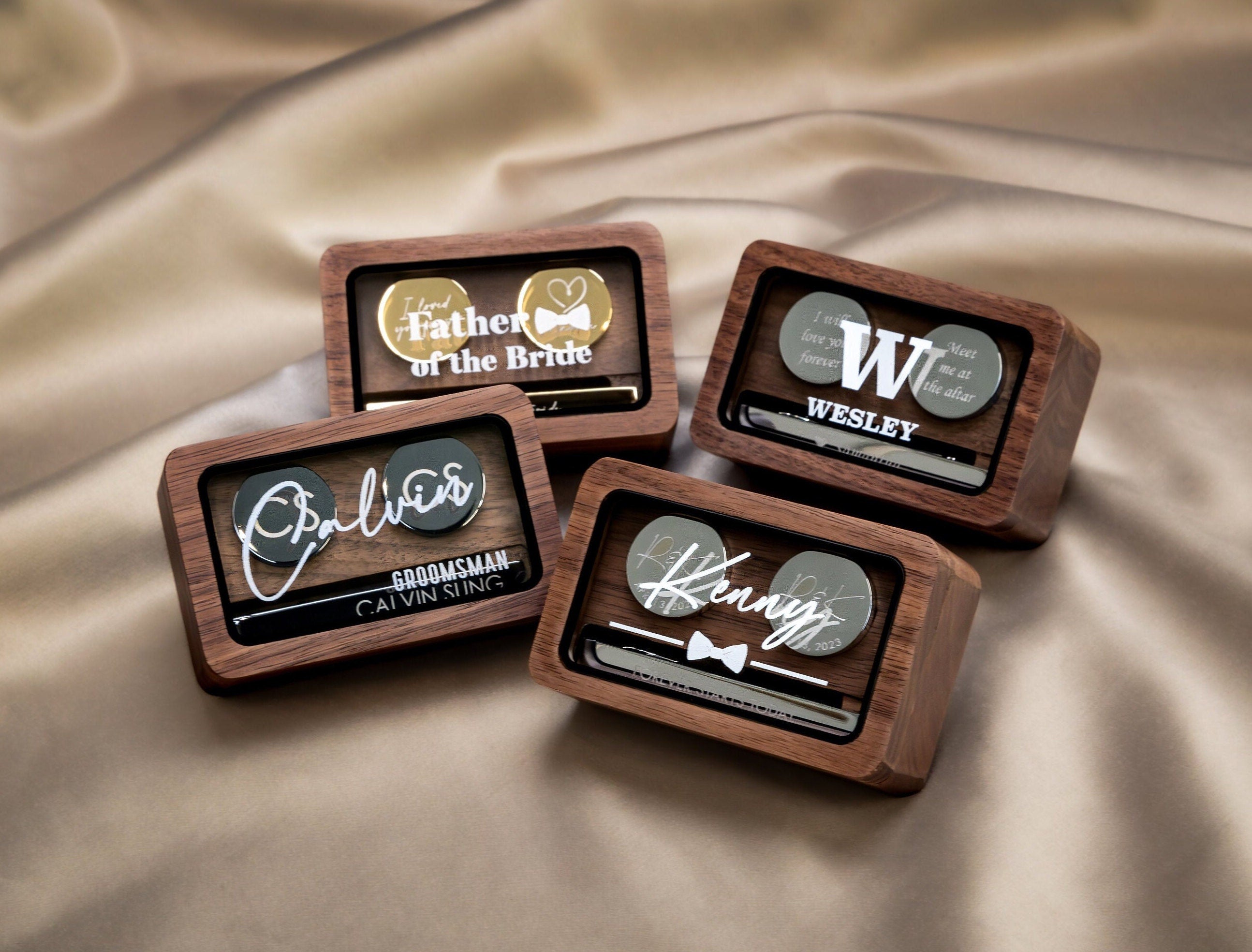 Metal Cufflinks, Tie Clip & Rec Gift Box w Glass Lid