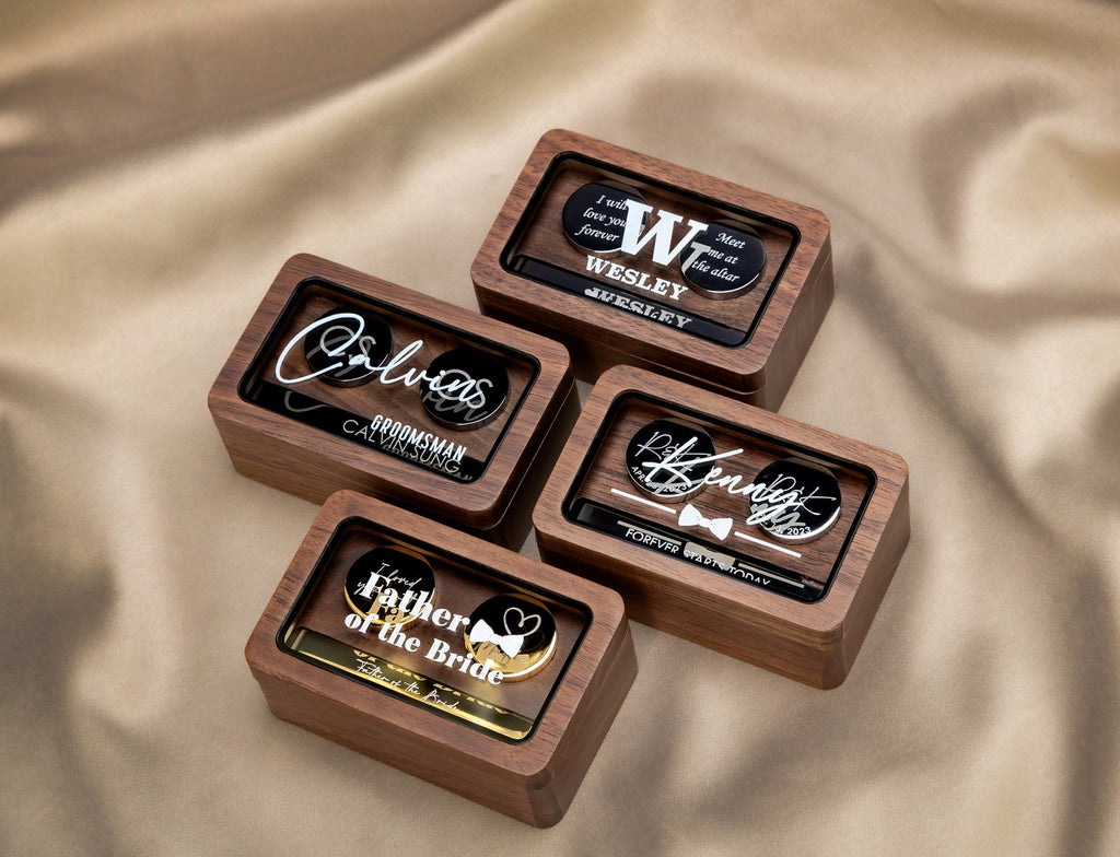 Metal Cufflinks, Tie Clip & Rec Gift Box w Glass Lid
