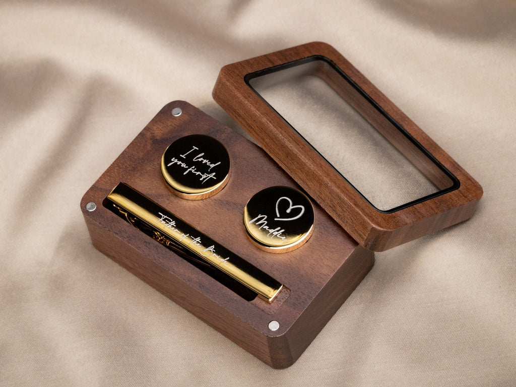 Metal Cufflinks, Tie Clip & Rec Gift Box w Glass Lid