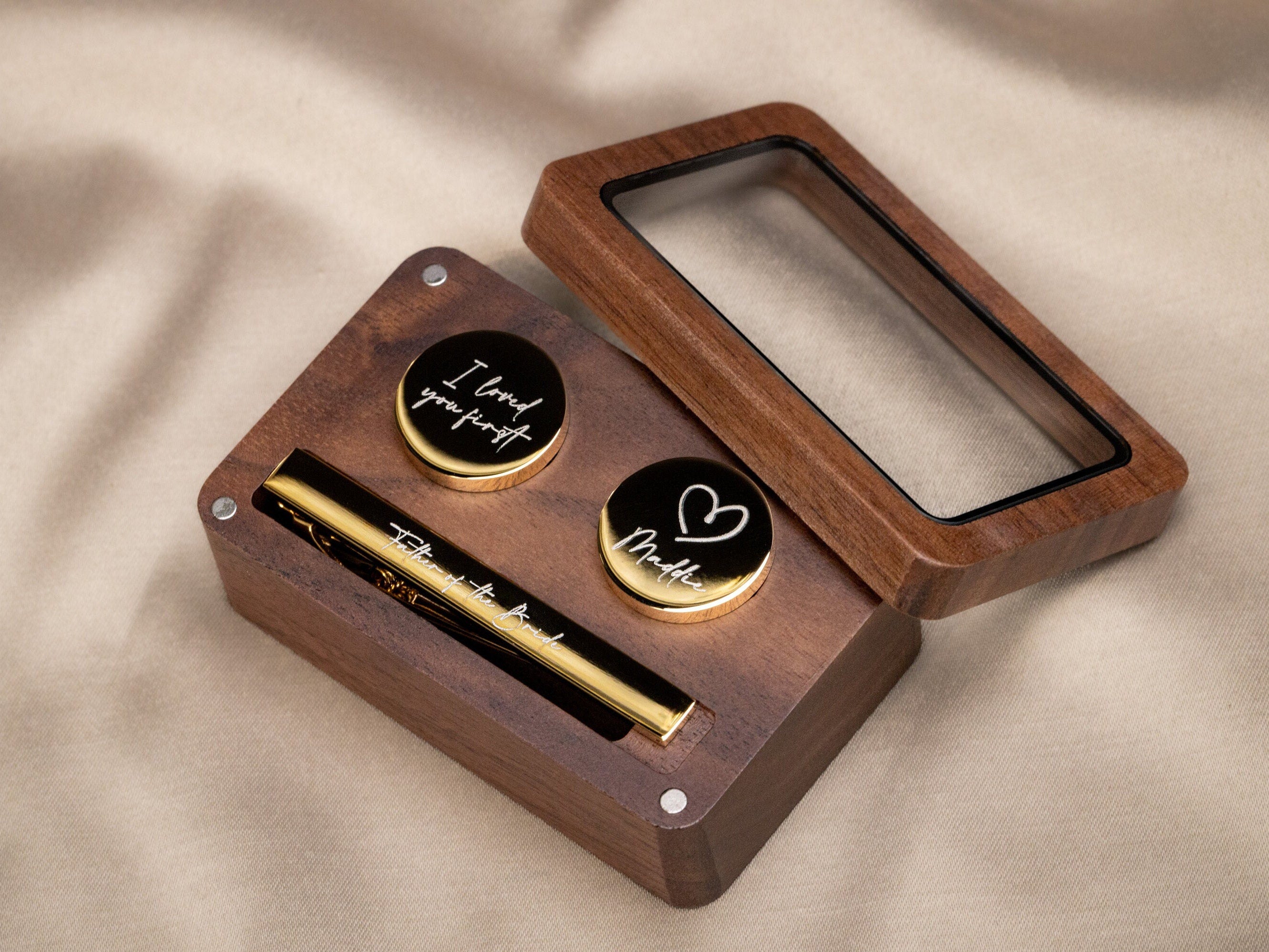 Metal Cufflinks, Tie Clip & Rec Gift Box w Glass Lid