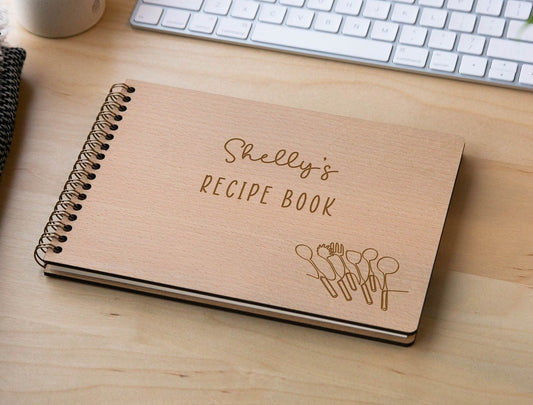 Engraved Spiral Wood Notebook (Design A) - Wooden Recipe Note Book Gift for Mom or Grandma, Chef Cook Recipes, Culinary School Student Gifts