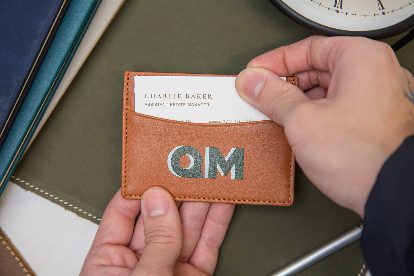 Personalized Leather Card Holder (Center) - Custom Monogram Name Initials Slim Money ID Wallet, Anniversary Wedding Travel Gifts for Him Her