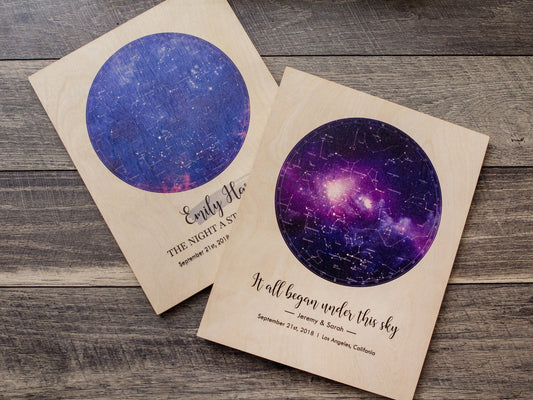 Star Map Printed on Wood - Wall Art Decor of any Memorable Date, Wedding Anniversary Gift for Husband Wife, Engagement Gift for Couples