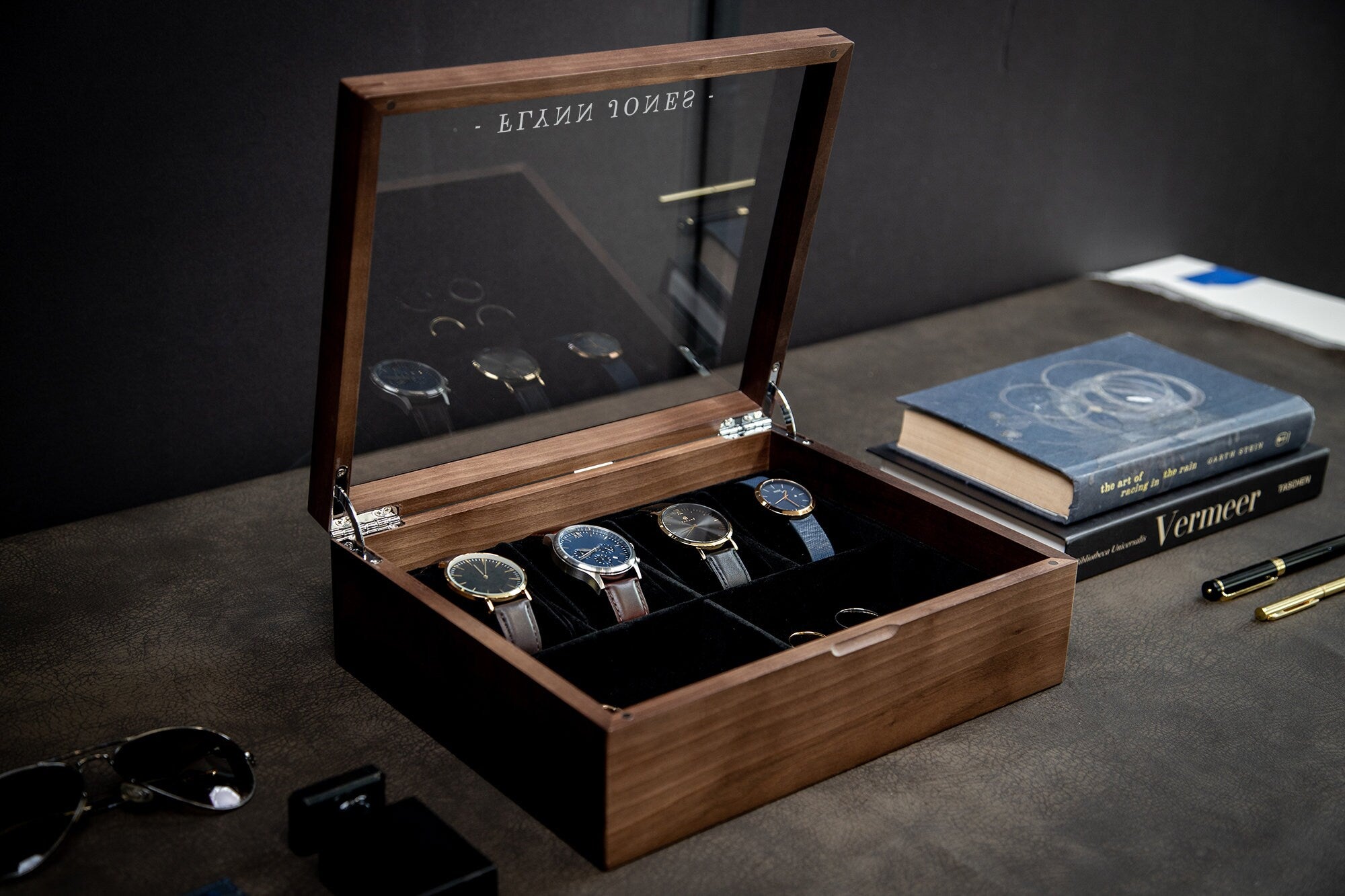 8x10 Wood Watch Box with Glass Lid (Design 5)