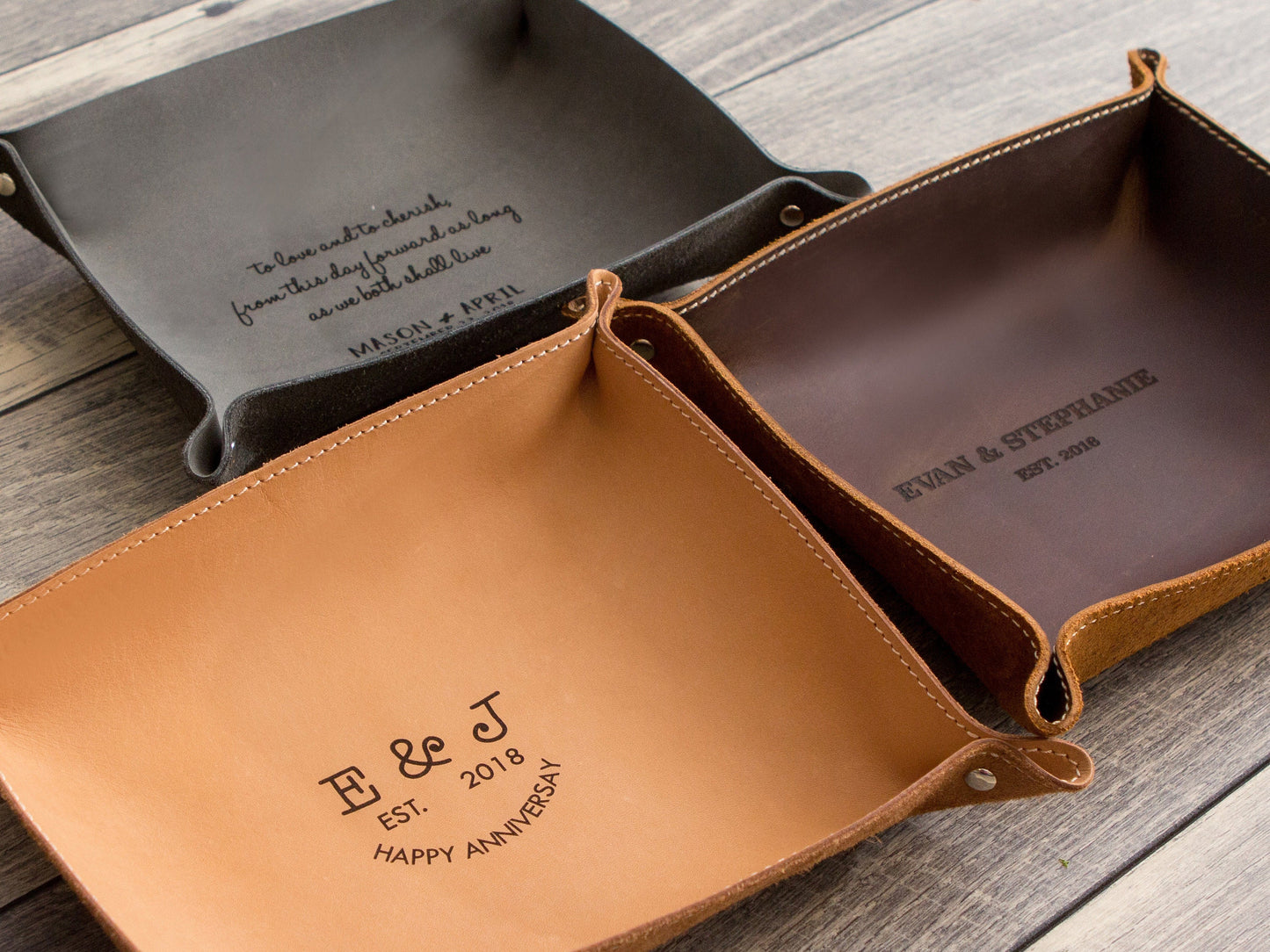 Engraved Anniversary Leather Valet Tray - Desk Side Table Key or Ring Tray Catchall, Wedding Travel or Engagement Gift for Couples Mom Dad