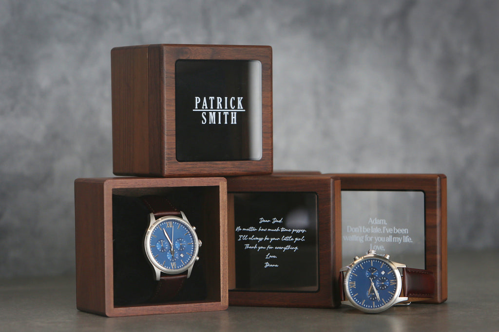 Metal Watch & Glass Top Walnut Gift Box