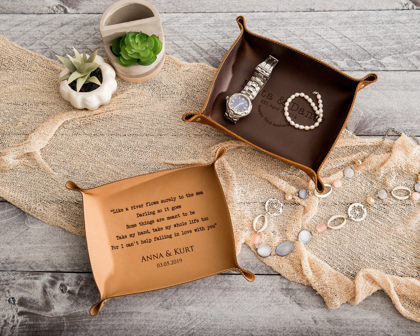 Engraved Anniversary Leather Valet Tray - Desk Side Table Key or Ring Tray Catchall, Wedding Travel or Engagement Gift for Couples Mom Dad