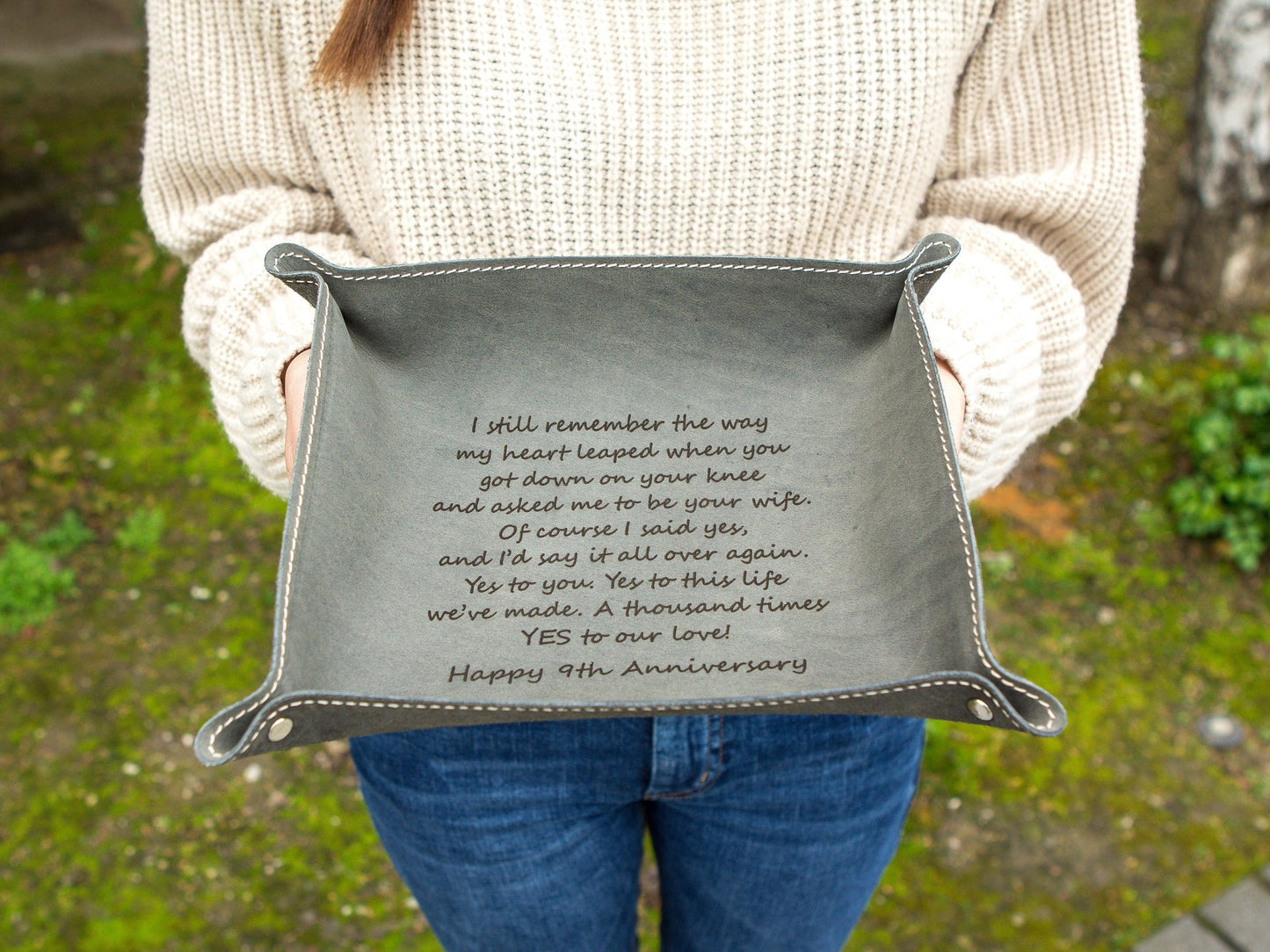 Engraved Anniversary Leather Valet Tray - Desk Side Table Key or Ring Tray Catchall, Wedding Travel or Engagement Gift for Couples Mom Dad