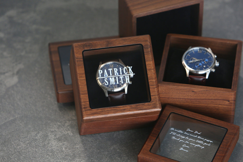 Metal Watch & Glass Top Walnut Gift Box