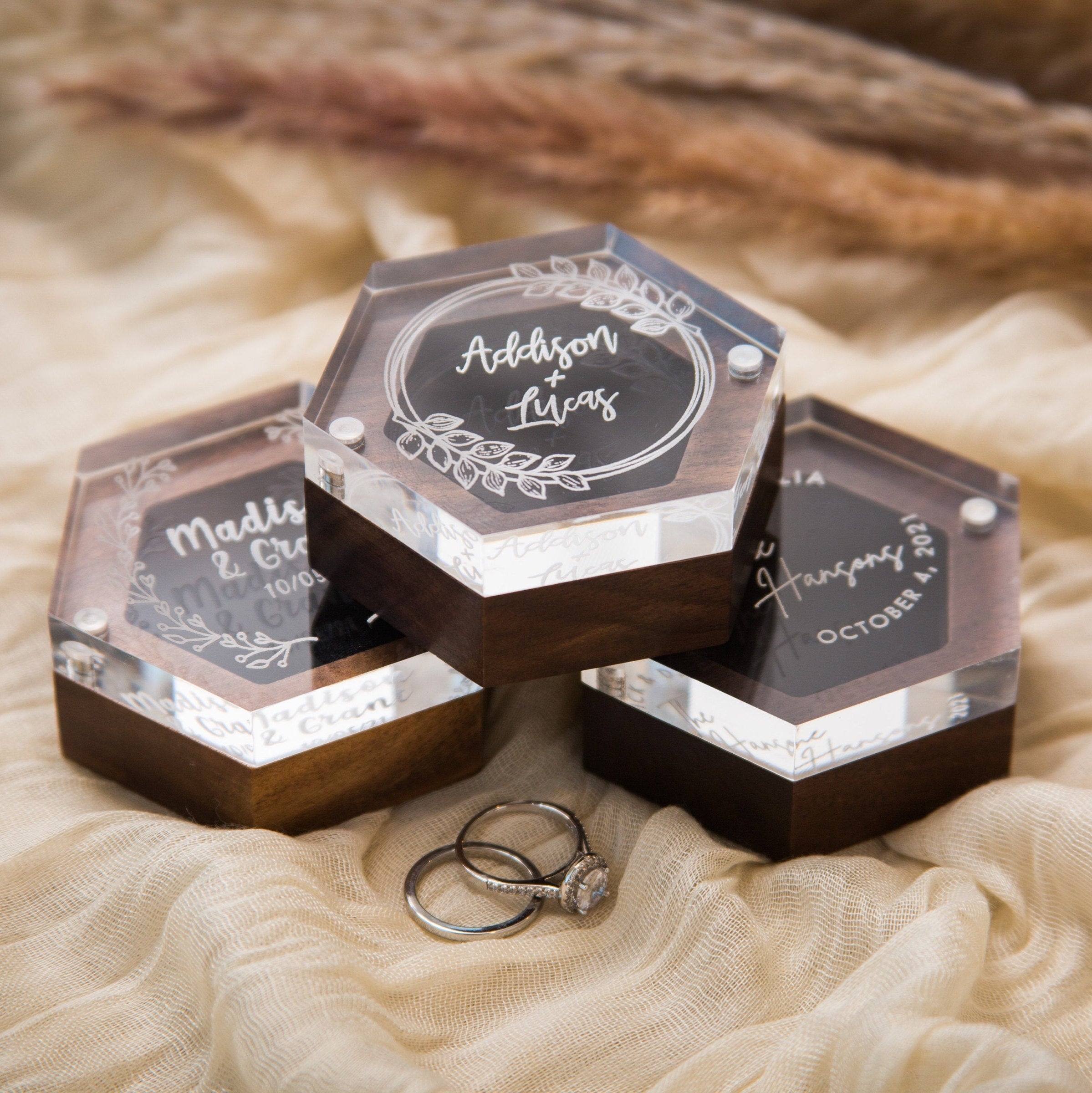 Hexagon Ring Box with Clear Acrylic Lid & Wood Base