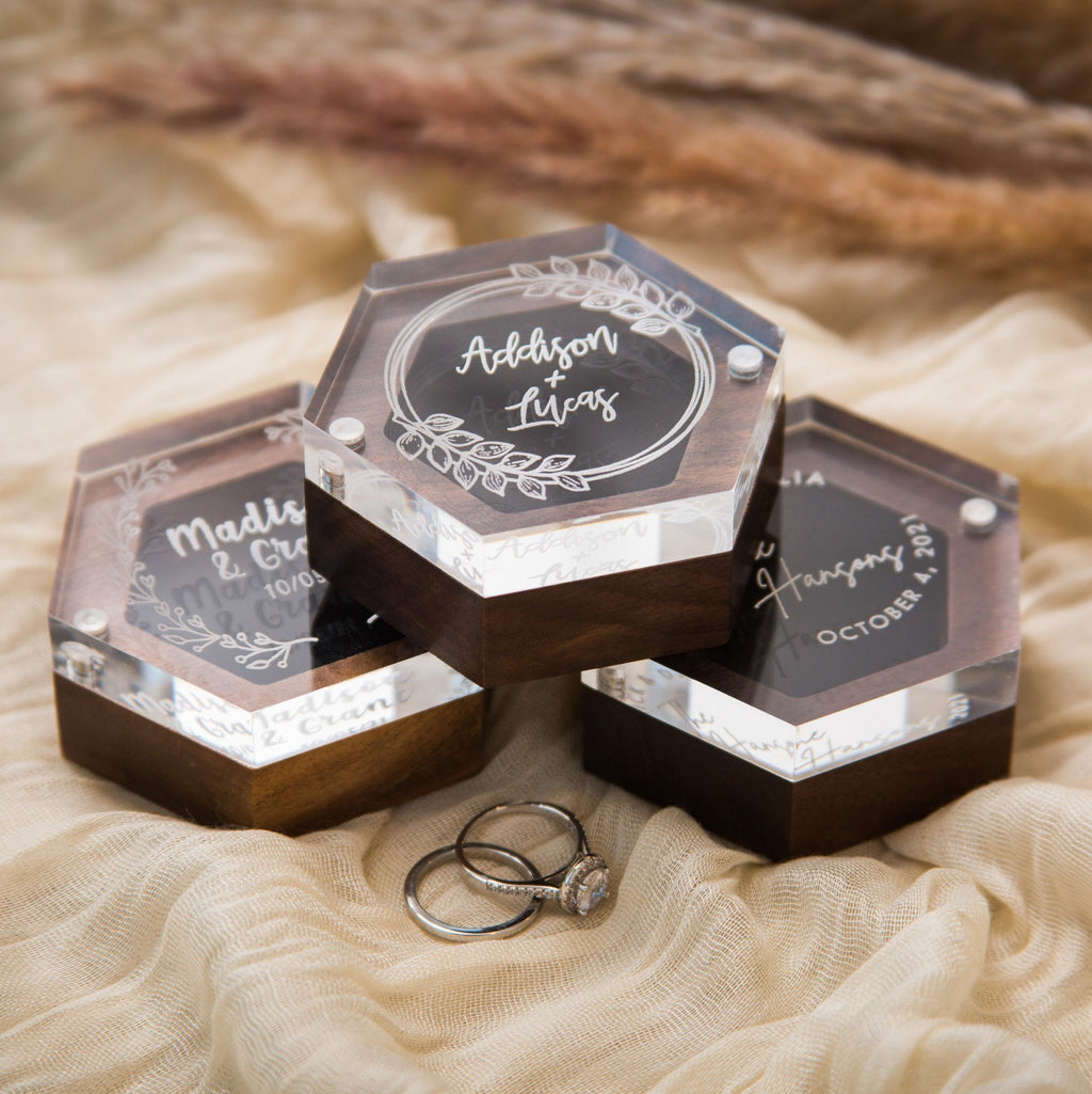 Hexagon Ring Box with Clear Acrylic Lid & Wood Base