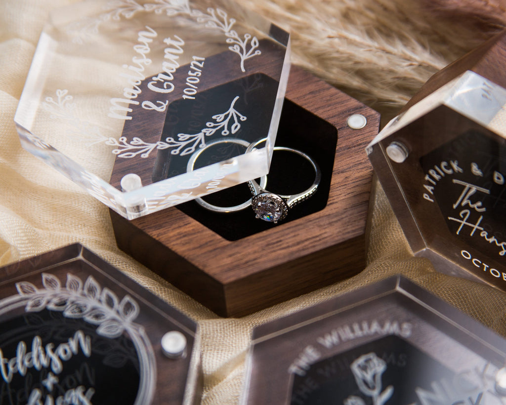 Hexagon Ring Box with Clear Acrylic Lid & Wood Base