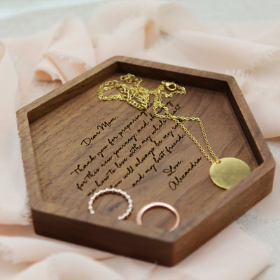 Hexagon Wood Tray - Engraved Key or Ring Dish, Wedding Day Gift for Mom Mother of the Bride Groom MIL Women, Gift from kids, son or daughter