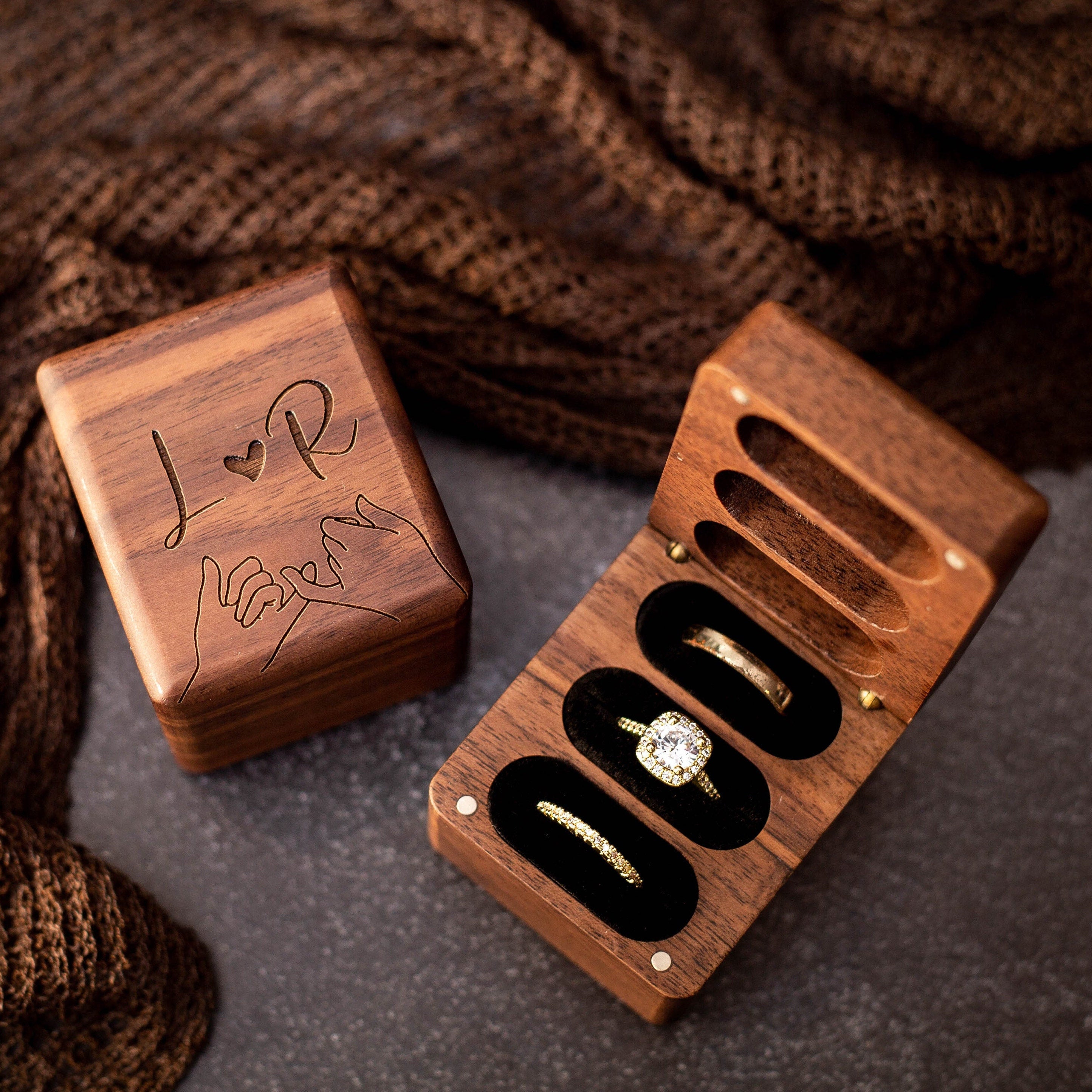 Triple Flip Wood Ring Box for 3 Rings