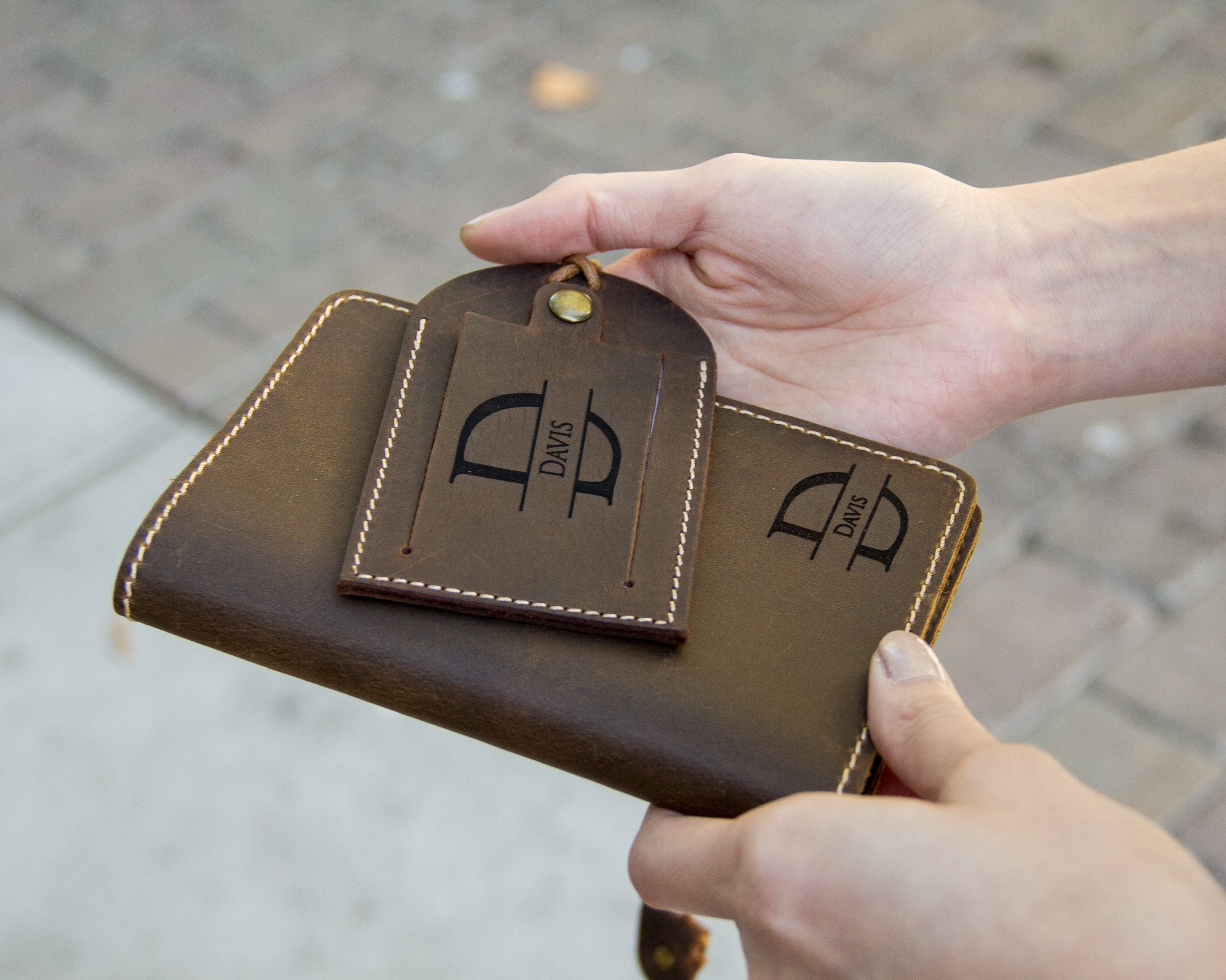 Engraved Leather Passport Holder & Luggage Tag Set