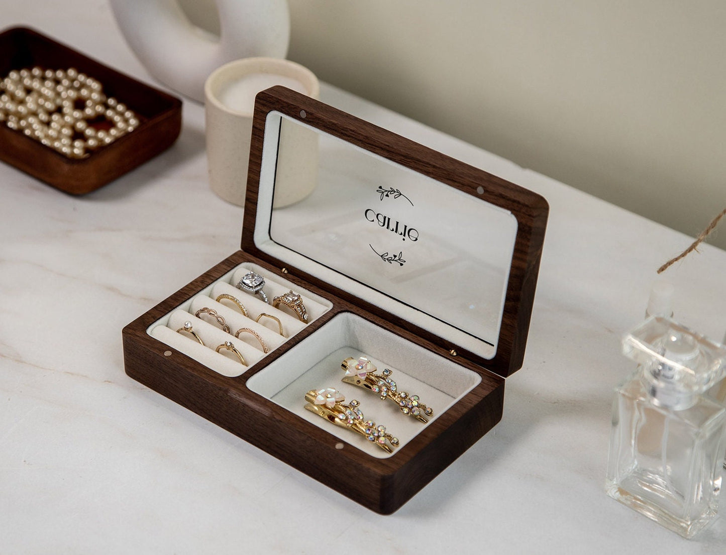 Wood Jewelry Box w/ Glass Lid (Design 2 Black) - Monogram Women's Rings Accessory Case Holder Storage Organizer Bachelorette BFF Wife Gift