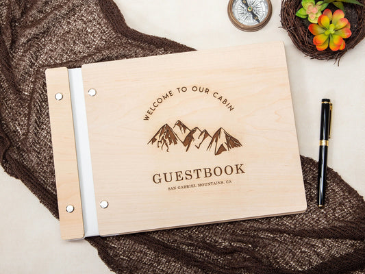 Engraved Premium Wood Guest Book with Mountain Design - Rustic Beach Cabin Guestbook Airbnb Vrbo Vacation Rental Guest Log Home Signing Book