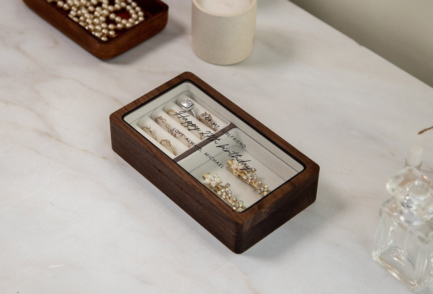 Wood Jewelry Box w/ Glass Lid (Design 4 Black) - Accessories Holder Personalized Birthday Gift for Girl Friend BFF Women Grand Daughter