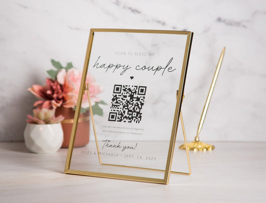 Gold Glass Scan To Bless QR Sign - Scannable Acrylic Sign, Wedding Virtual Cash Gift Table Decoration, Venmo Paypal Cash app Donation