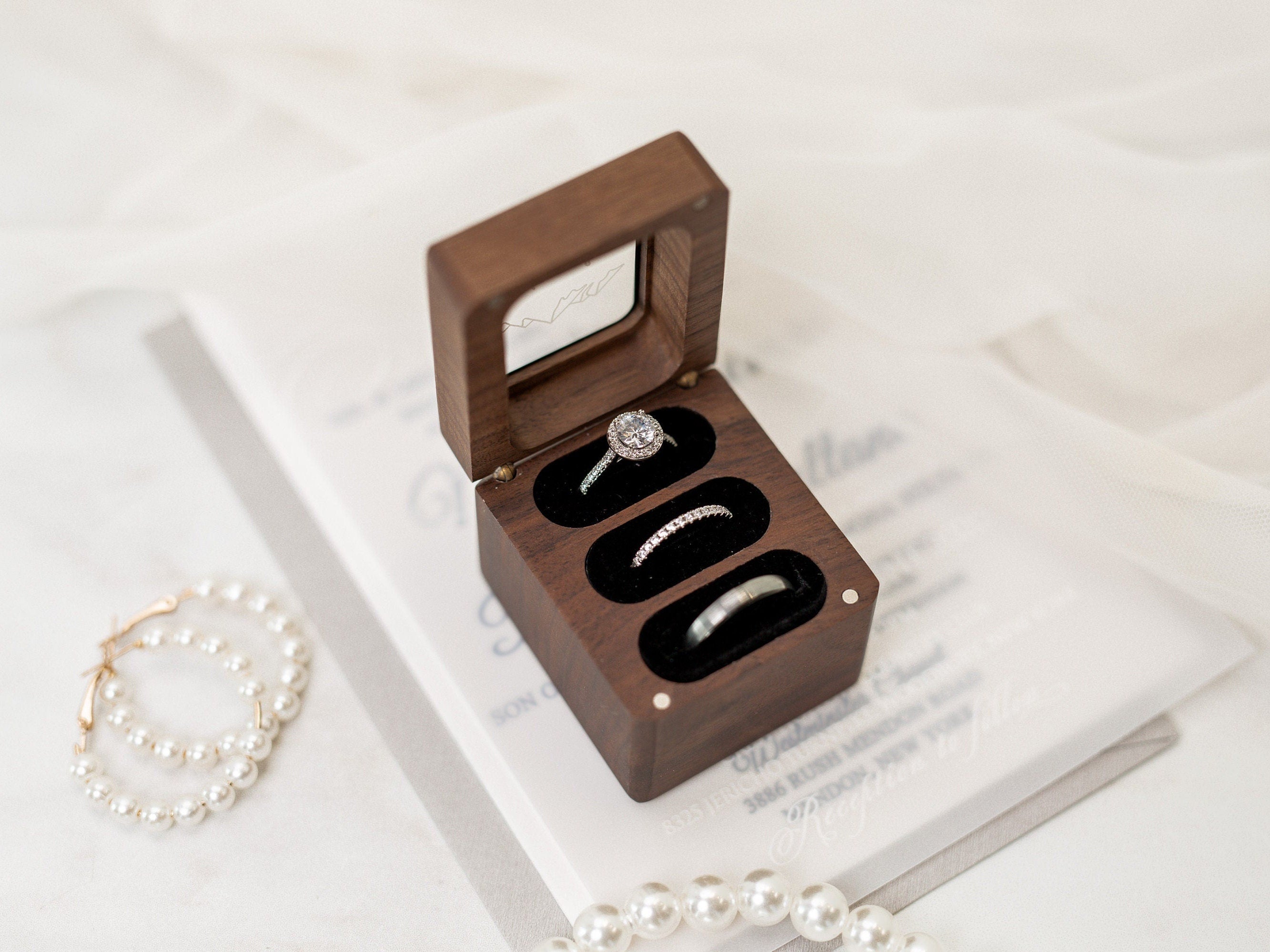 Triple Flip Wood Ring Box with Glass Lid