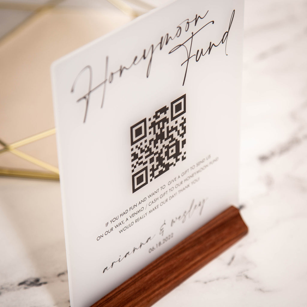 Honeymoon Fund QR Sign with Wood Stand