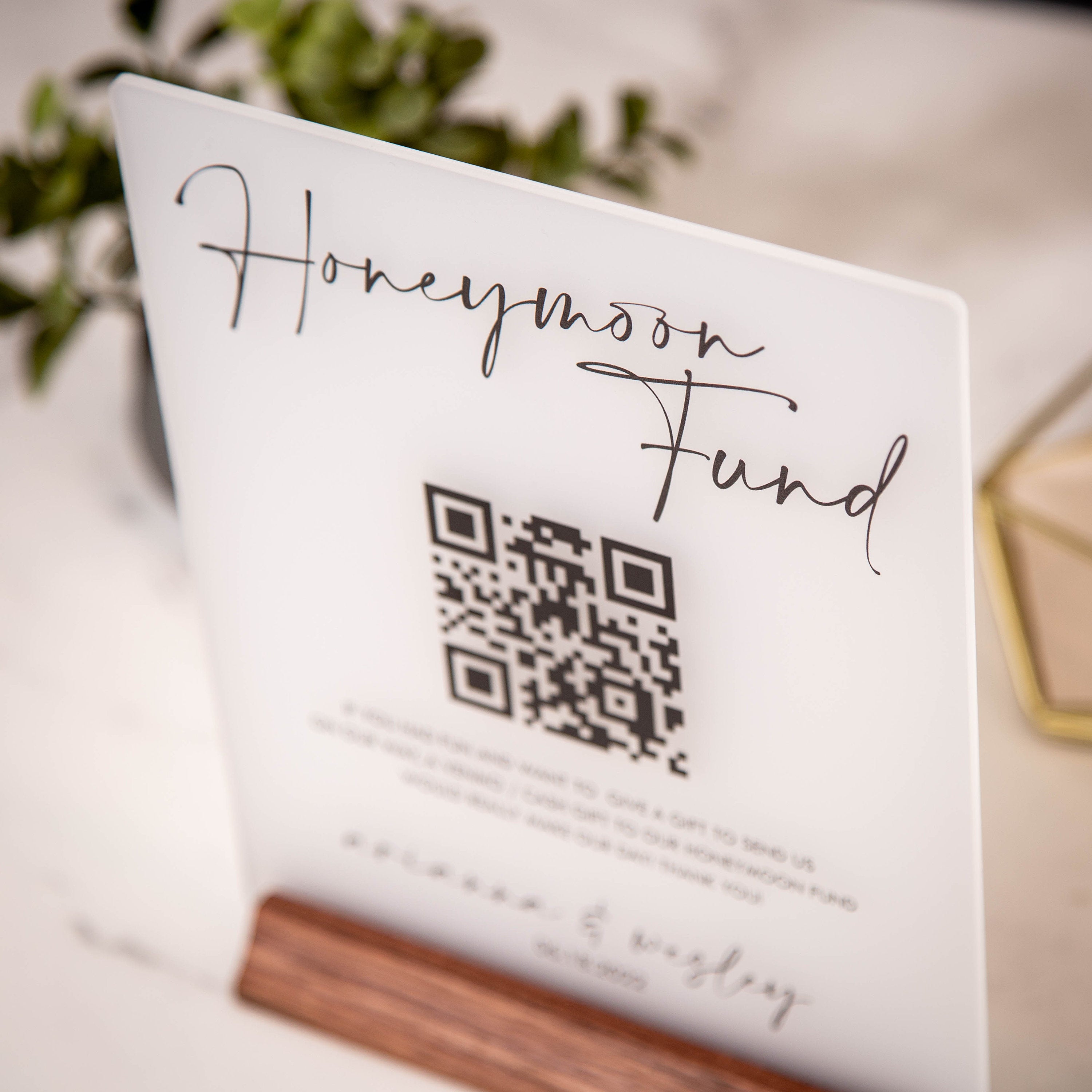 Honeymoon Fund QR Sign with Wood Stand