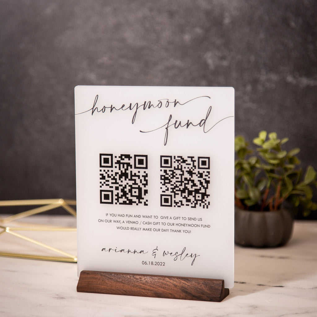 Honeymoon Fund QR Sign with Wood Stand